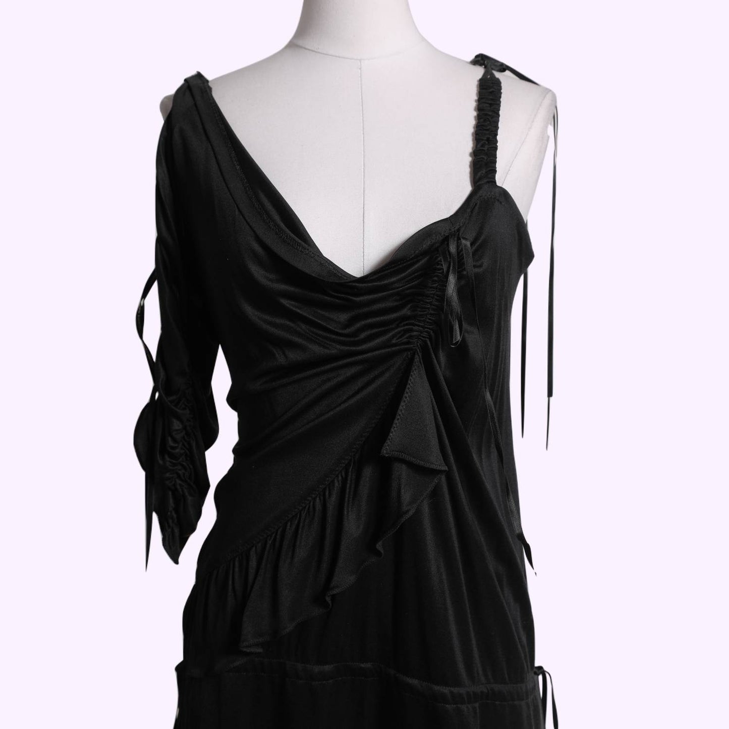 KAREN MILLEN Black One Shoulder Draped Silky Dress With Ribbons