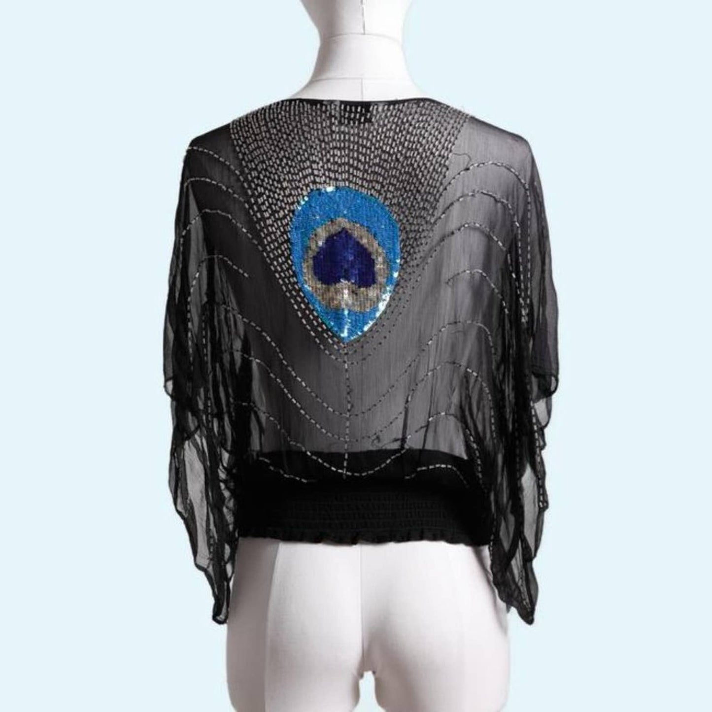 TOPSHOP Vintage Black with Peacock Sequins Short Sleeve Beaded Mesh Blouse