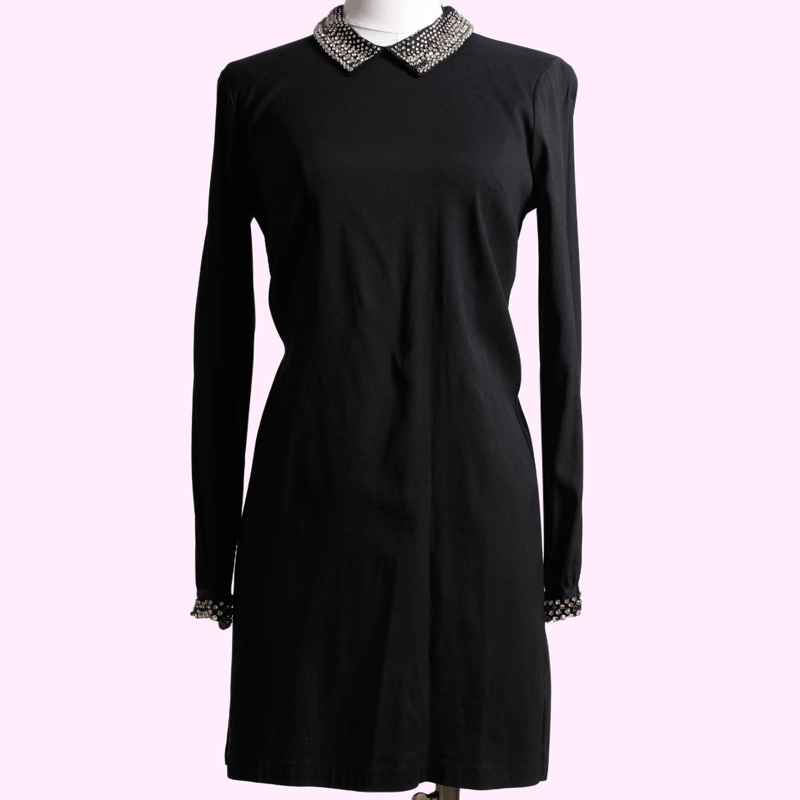 FRENCH CONNECTION Black Long Sleeve Dress with Crystal Collar FRENCH CONNECTION Black Long Sleeve Dress with Crystal Collar