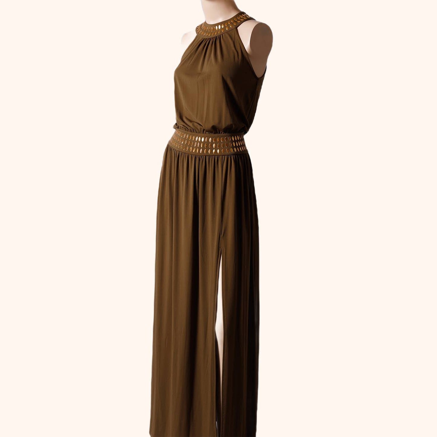 MICHAEL KORS Brown and Gold Halter Neck Embellished Maxi Dress