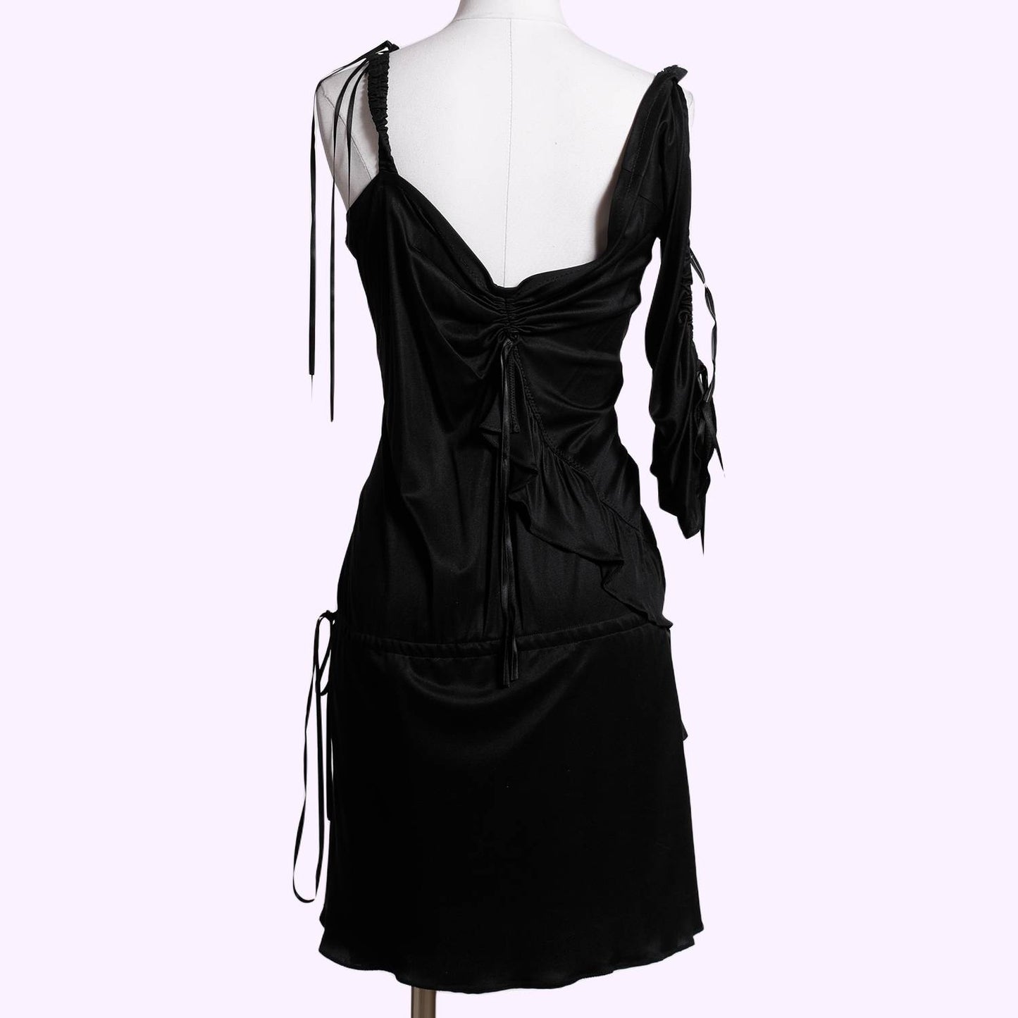 KAREN MILLEN Black One Shoulder Draped Silky Dress With Ribbons
