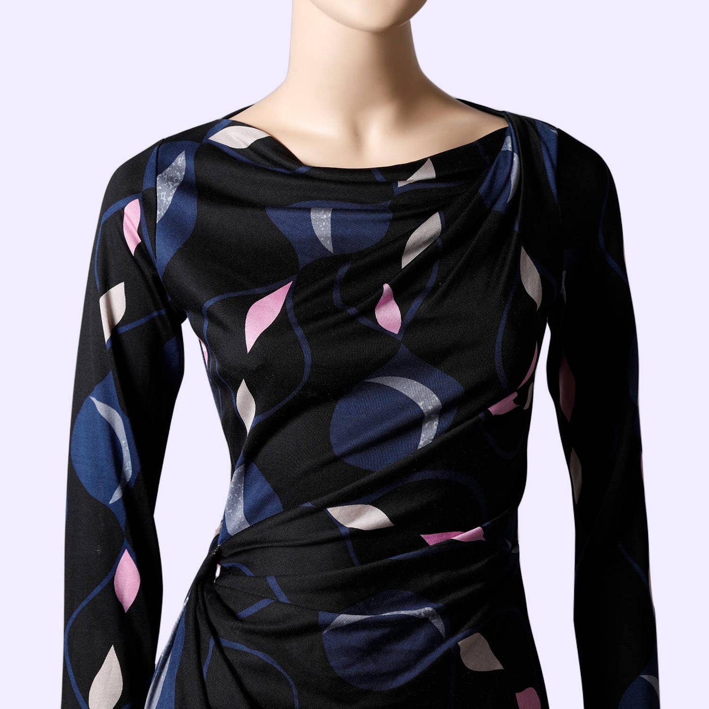 DIANE VON FURSTENBERG Black with Multicolor Print Long Sleeve Silk Dress
