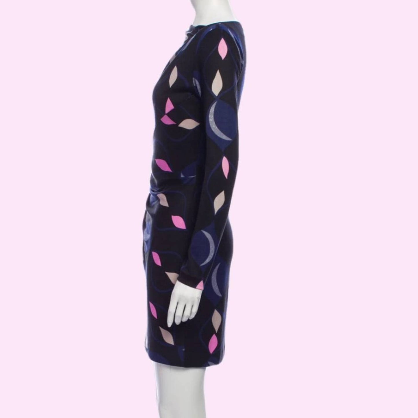 DIANE VON FURSTENBERG Black with Multicolor Print Long Sleeve Silk Dress