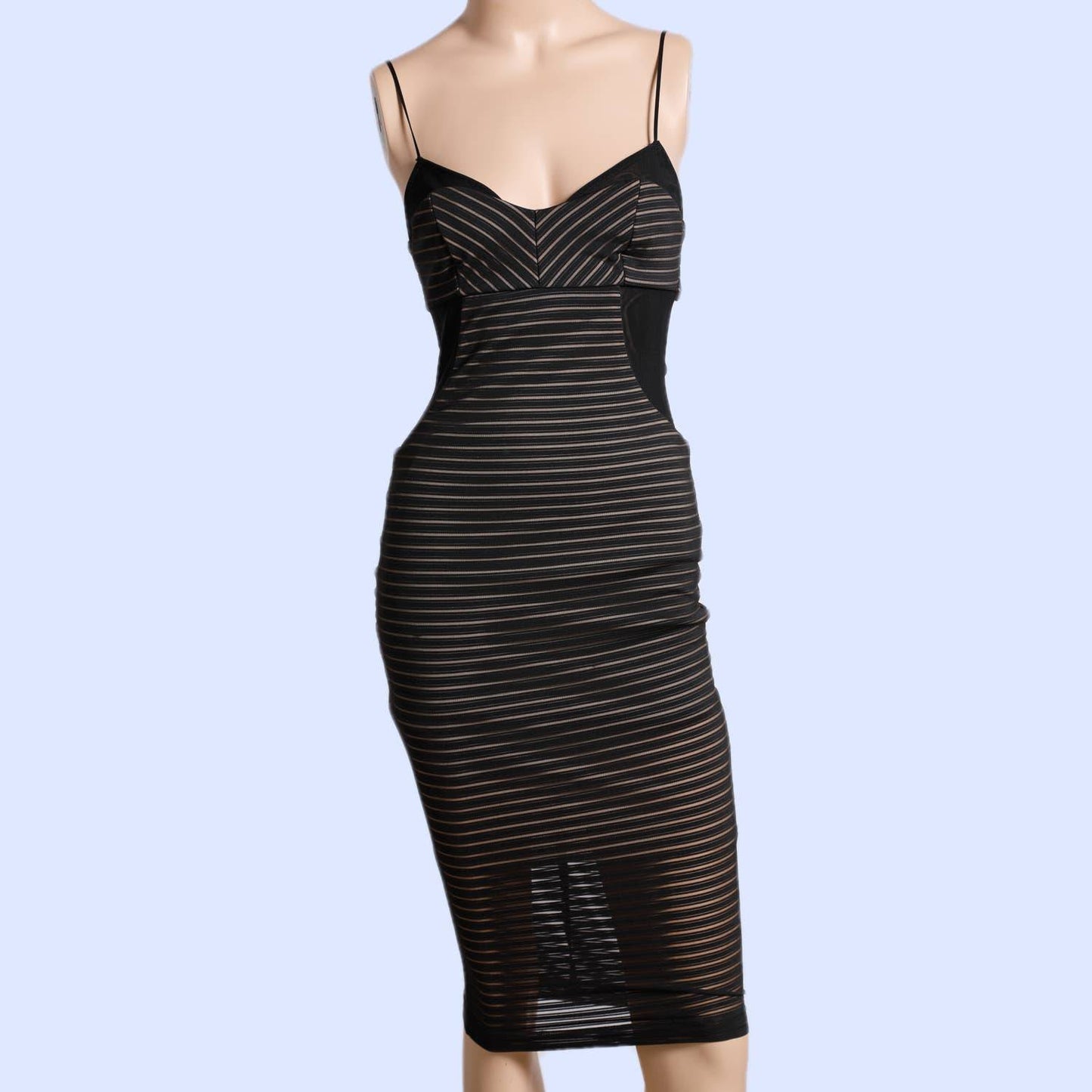 BEC AND BRIDGE Black Striped Mesh Spaghetti Strap Dress