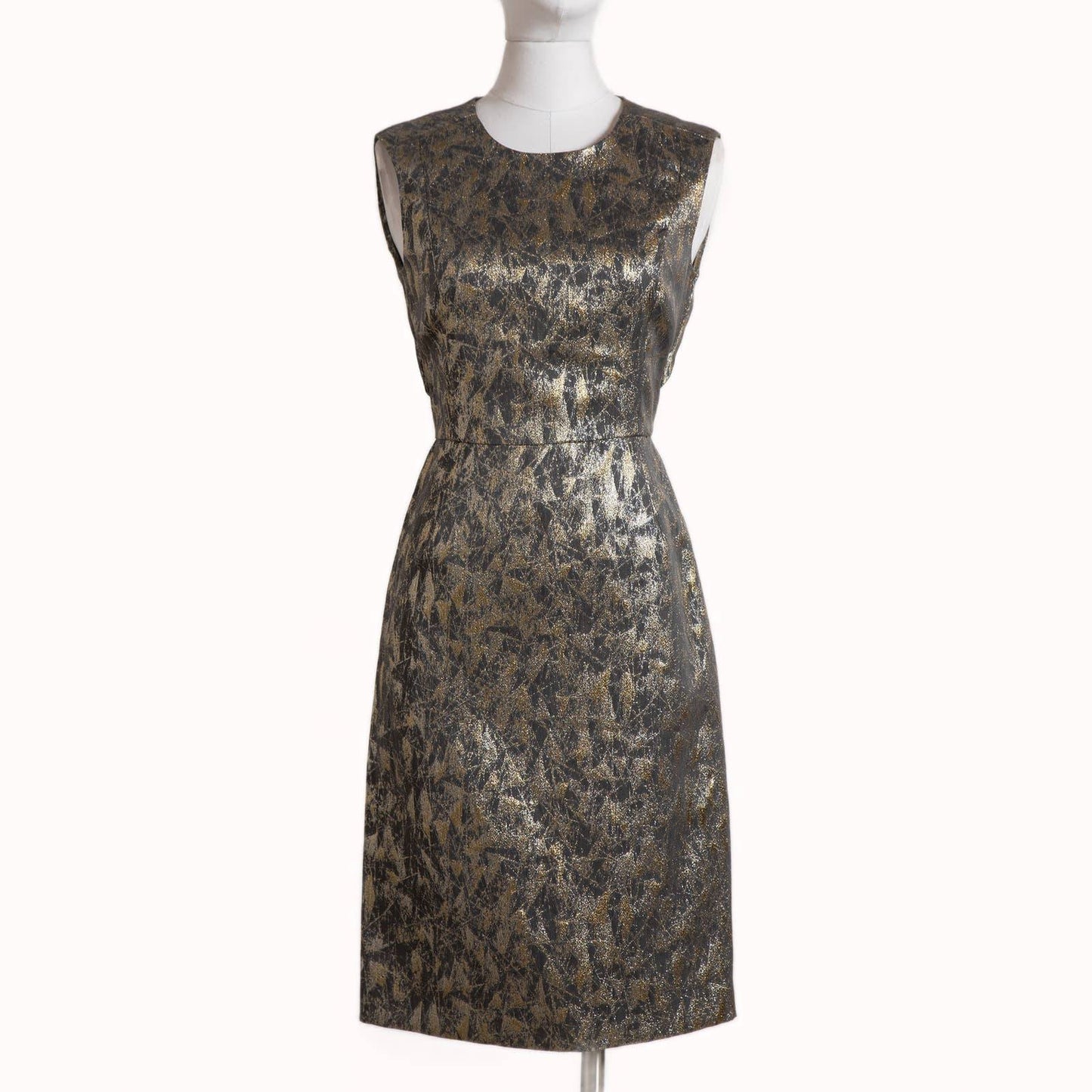 TIA CIBANI Gray and Gold Metallic Printed Sleeveless Dress