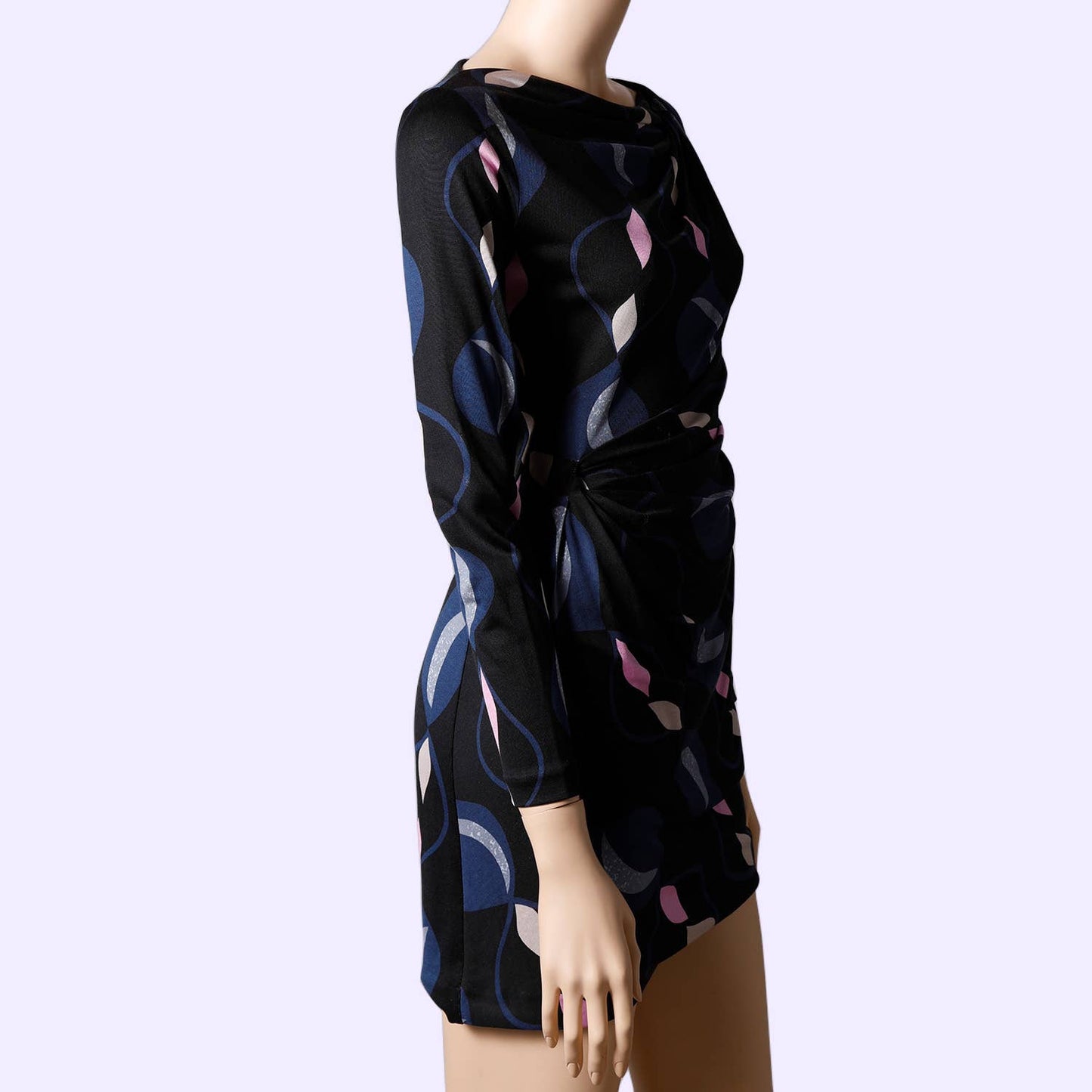 DIANE VON FURSTENBERG Black with Multicolor Print Long Sleeve Silk Dress