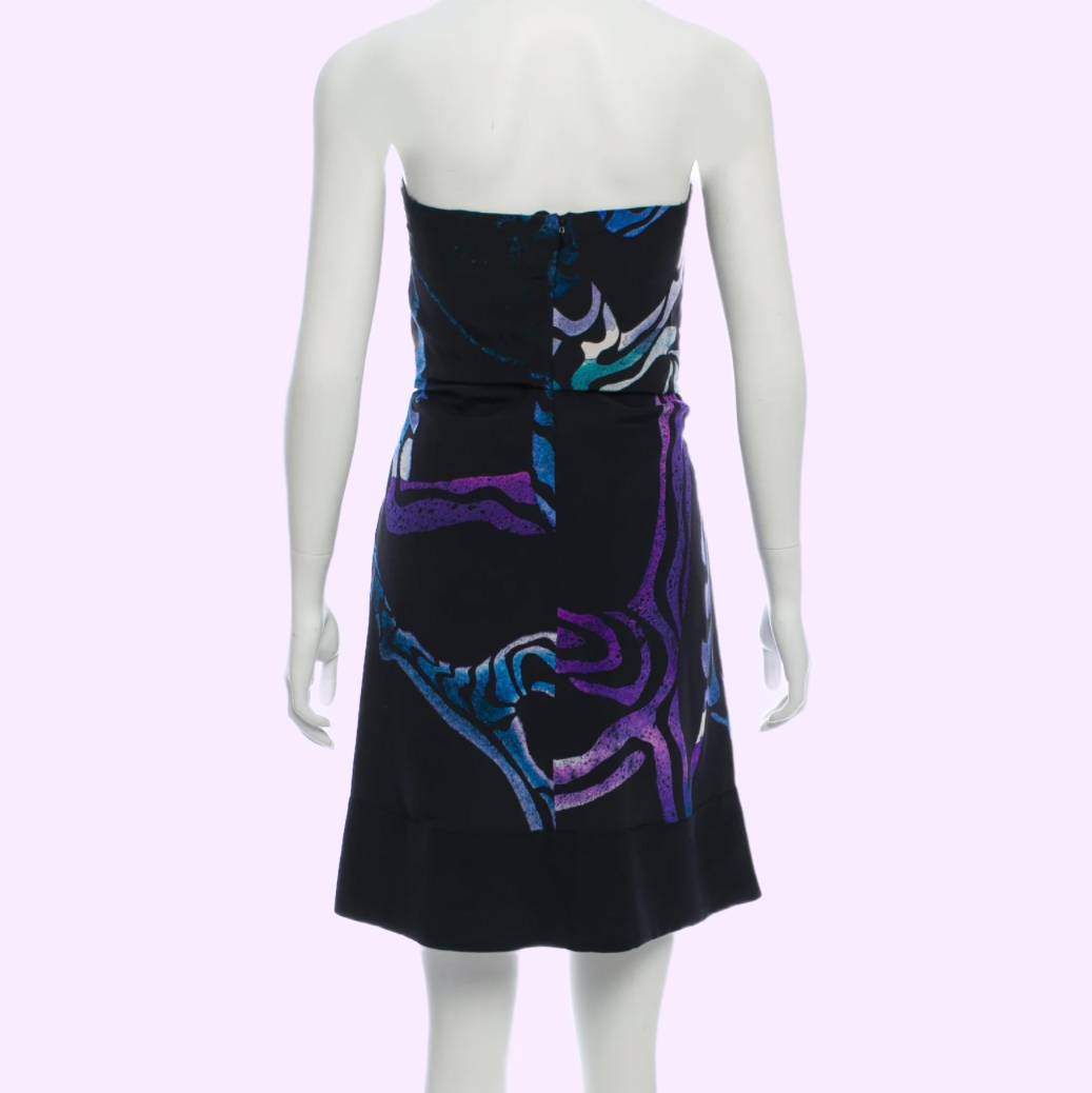 PROENZA SCHOULER Black and Violet Patterned Strapless Silk Dress