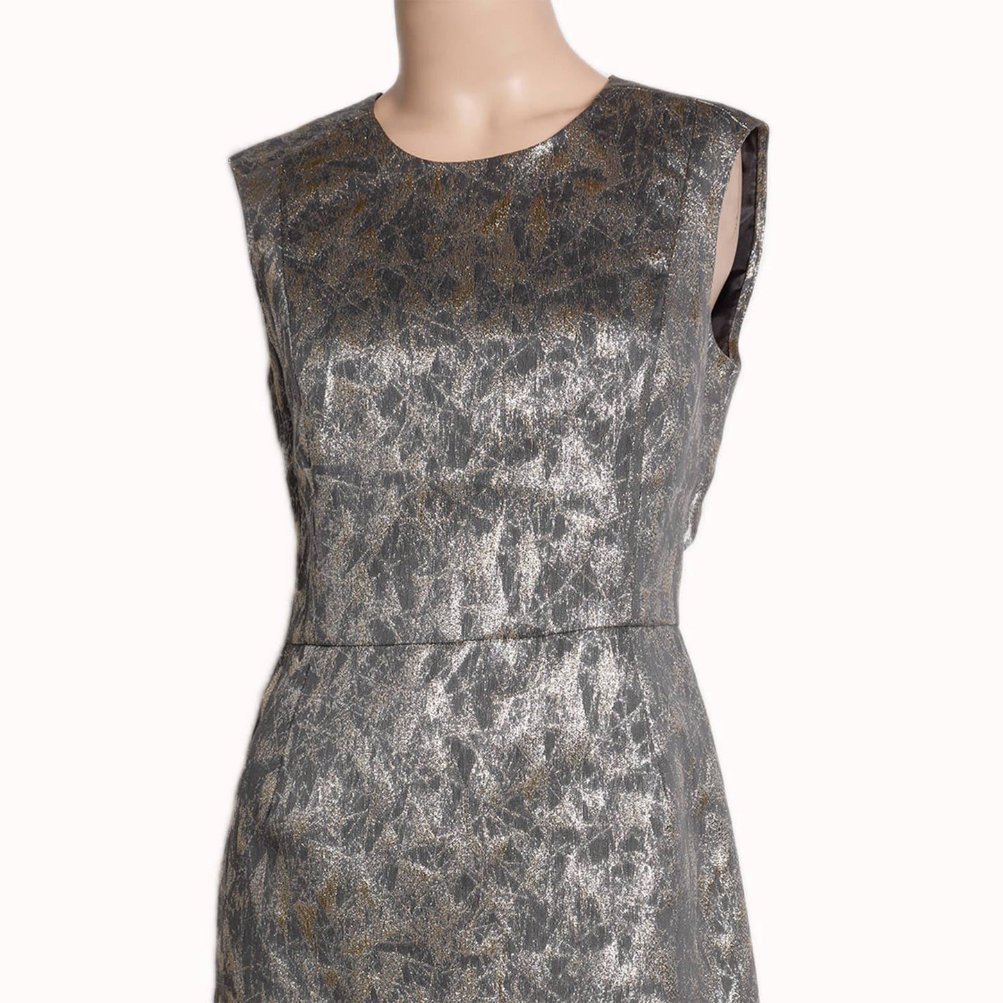 TIA CIBANI Gray and Gold Metallic Printed Sleeveless Dress