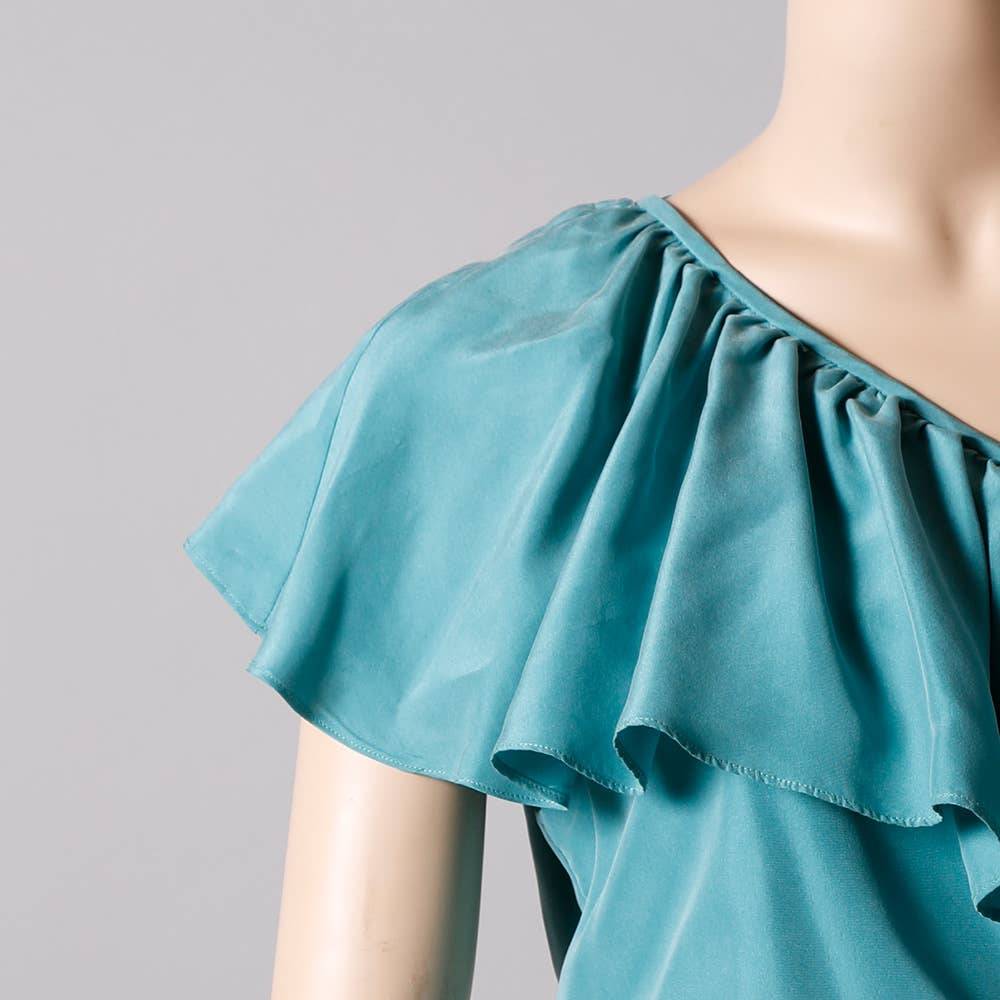 TIBI Turquoise One Shoulder Silk Ruffled Dress
