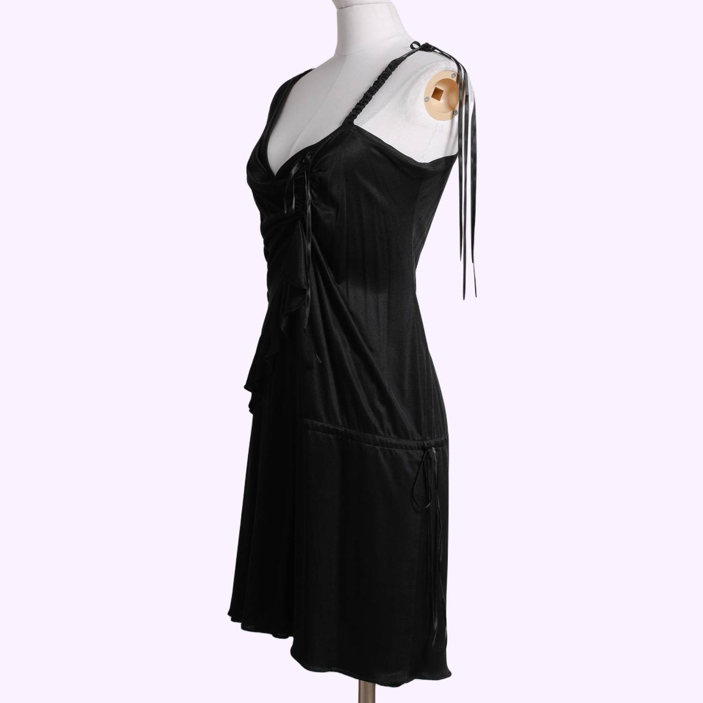 KAREN MILLEN Black One Shoulder Draped Silky Dress With Ribbons