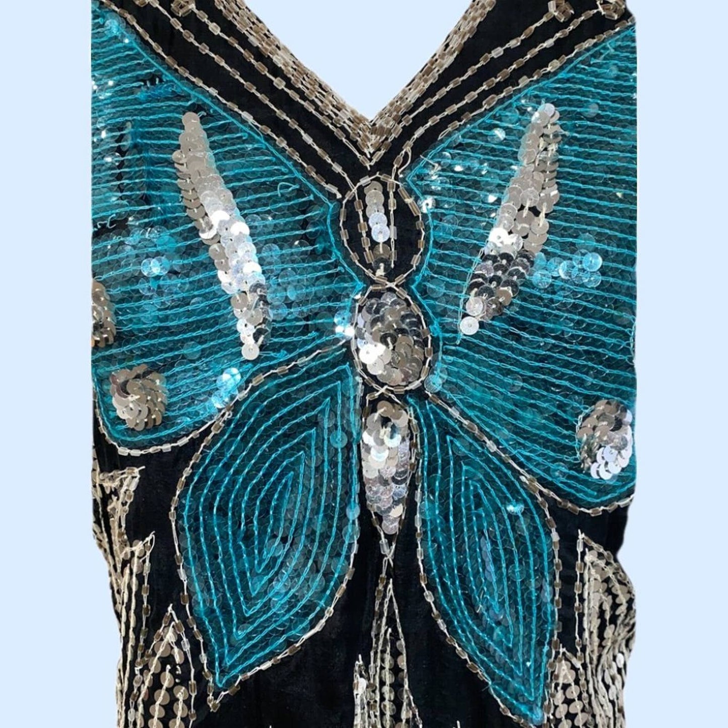 VINTAGE 1970s Silver and Blue Butterfly Sequin 1970s Short Sleeve Top