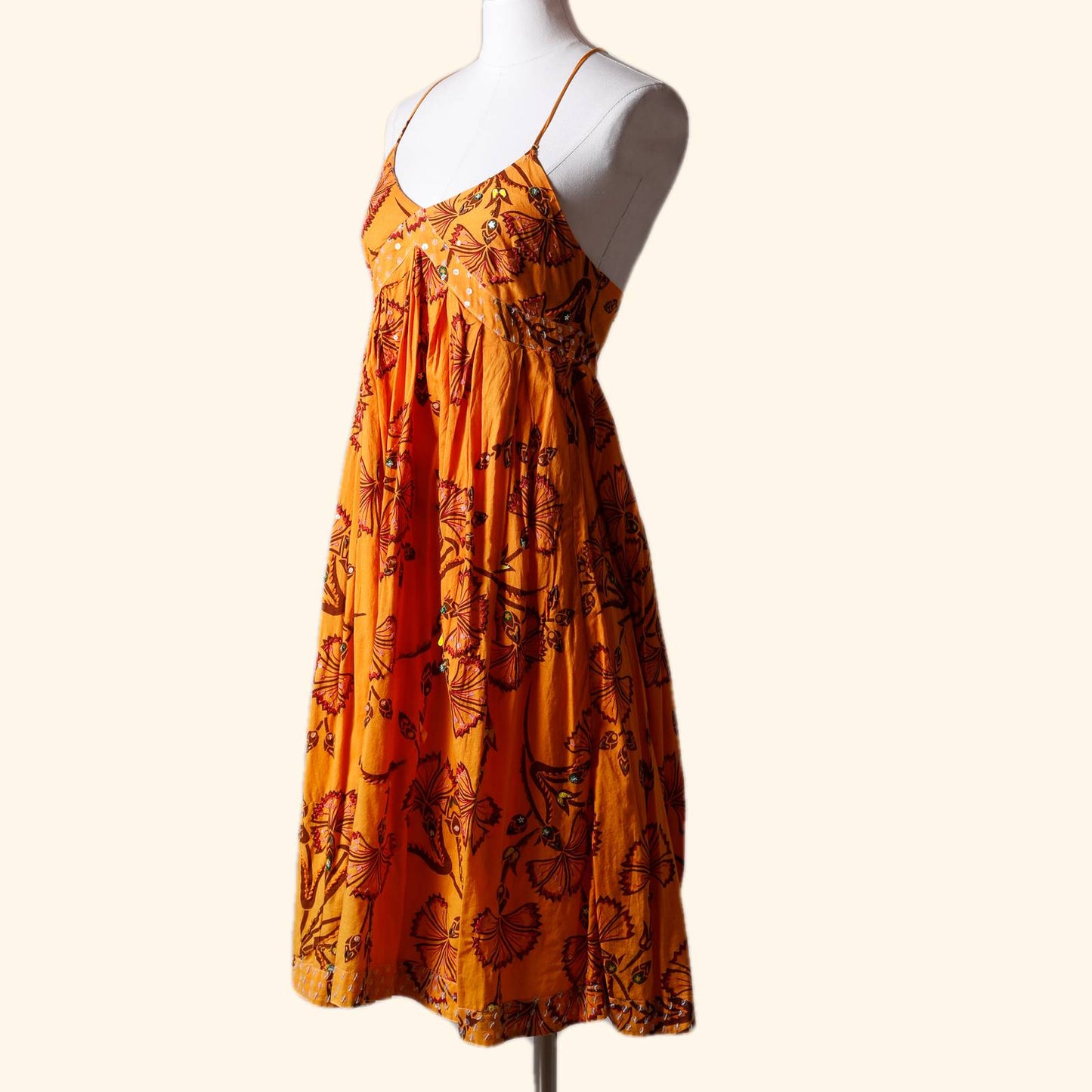 IDEOLOGY Orange Floral Sequined Spaghetti Strap Dress