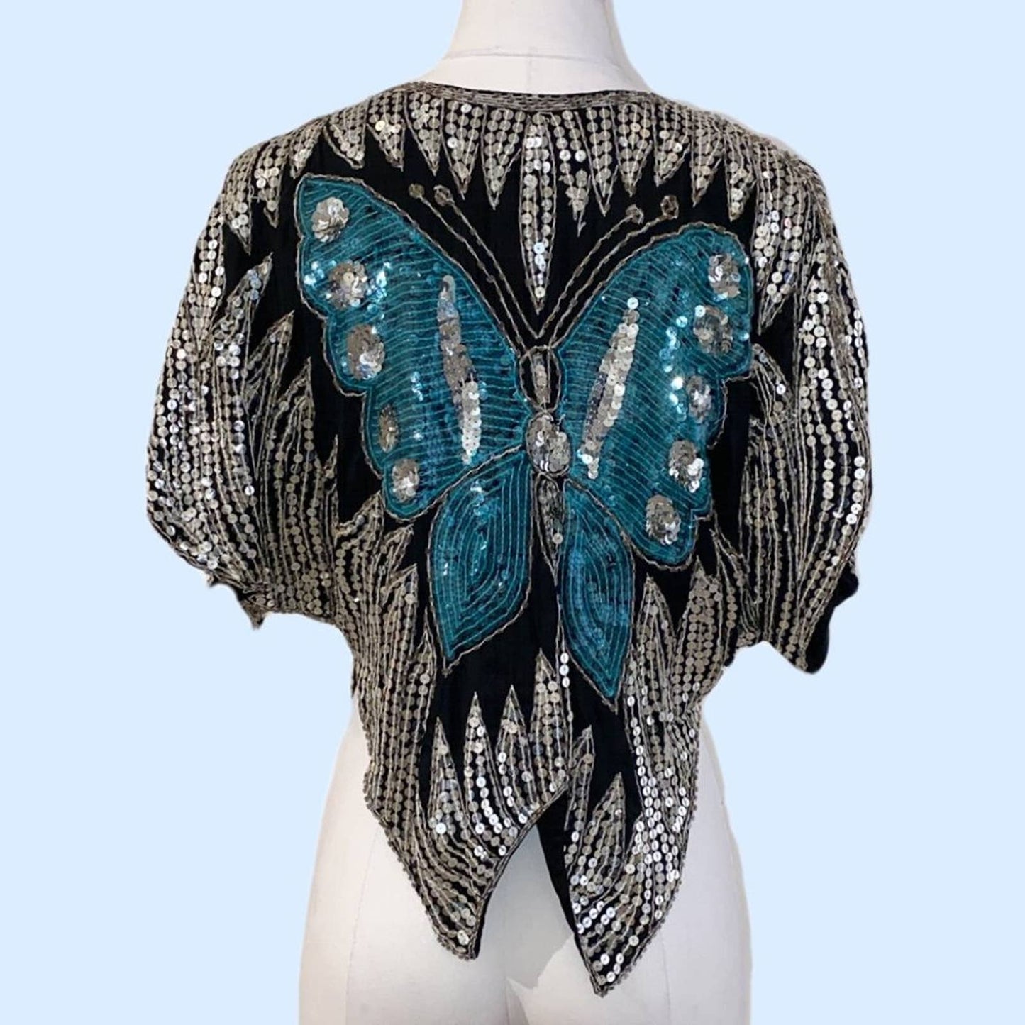 VINTAGE 1970s Silver and Blue Butterfly Sequin 1970s Short Sleeve Top