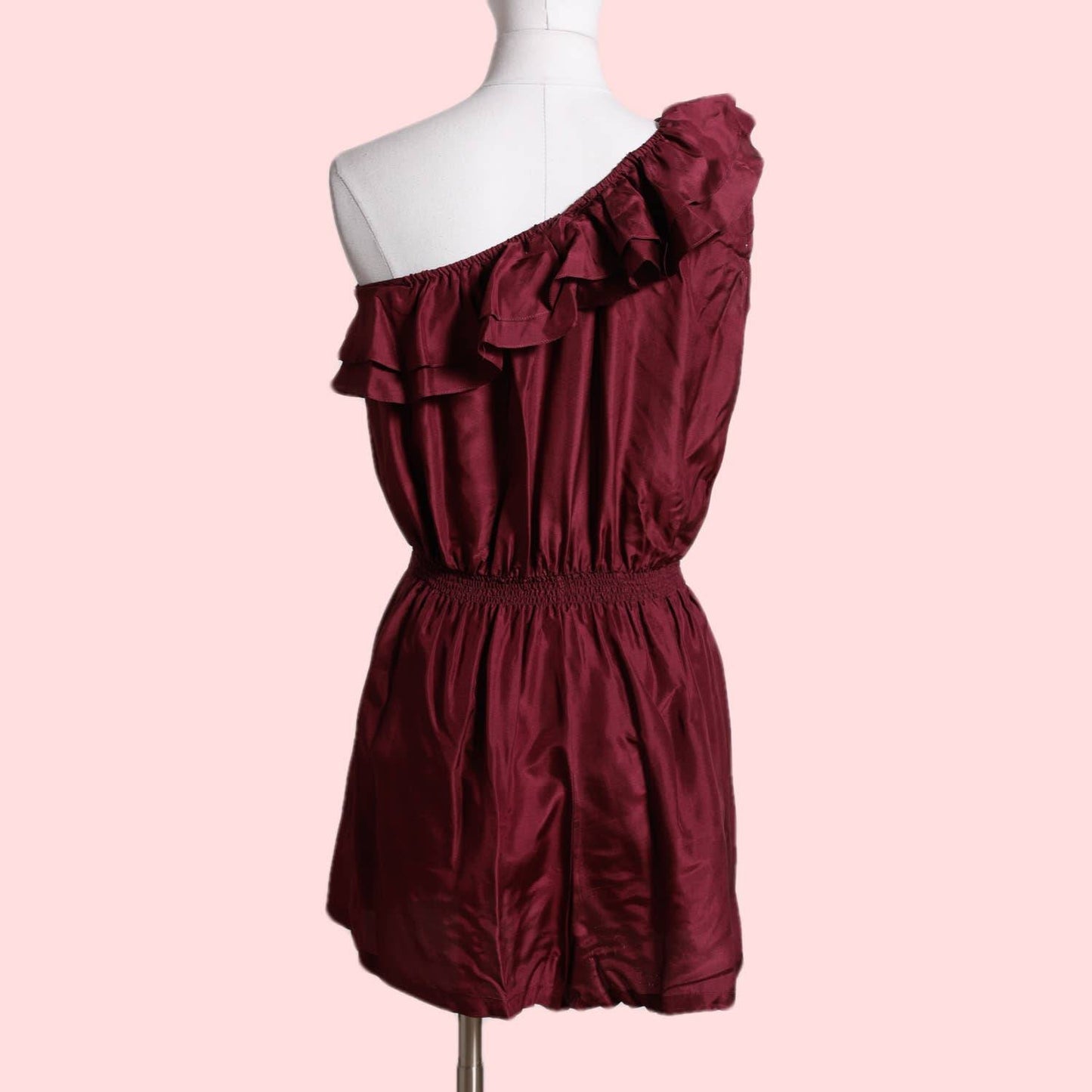 ALEX LANE Burgundy Ruffled Silk Romper