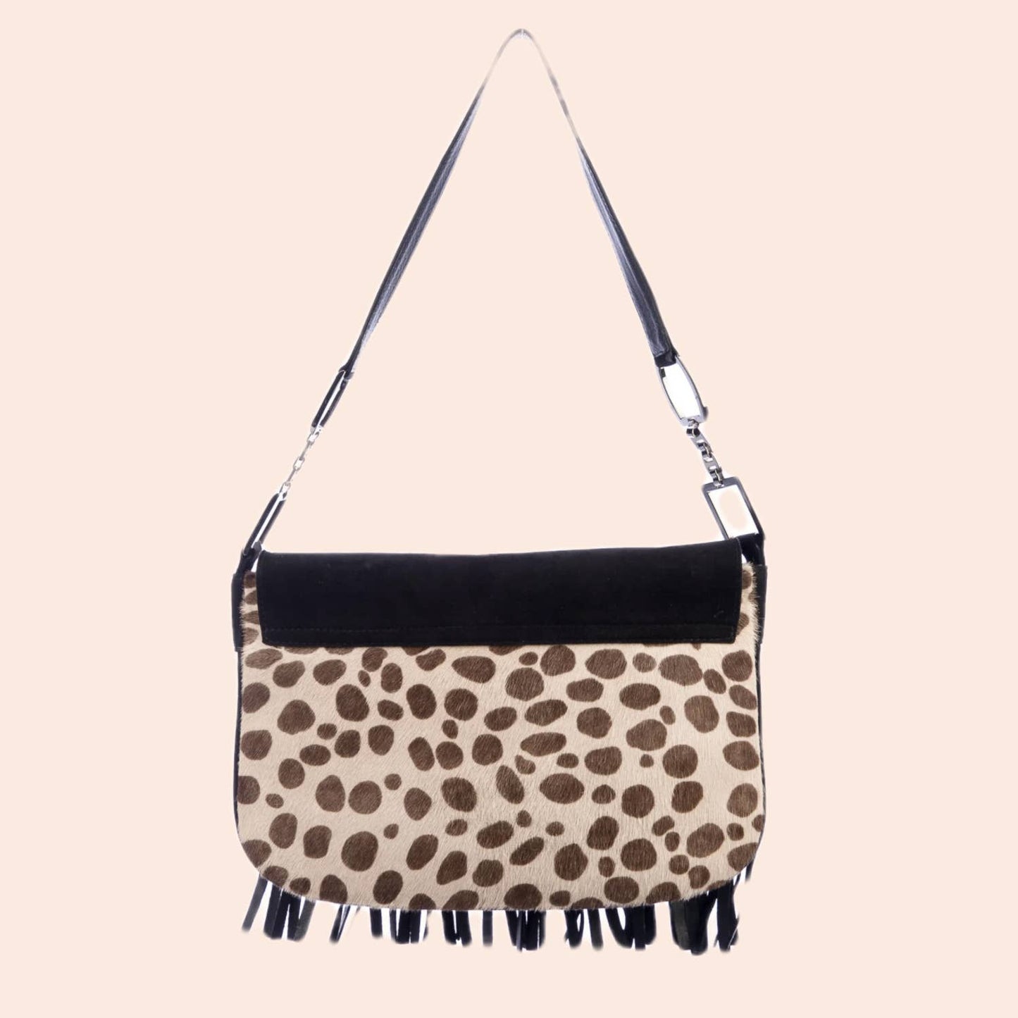 STUART WEITZMAN Black Suede and Leather Fringe with Leopard Print Shoulder Bag