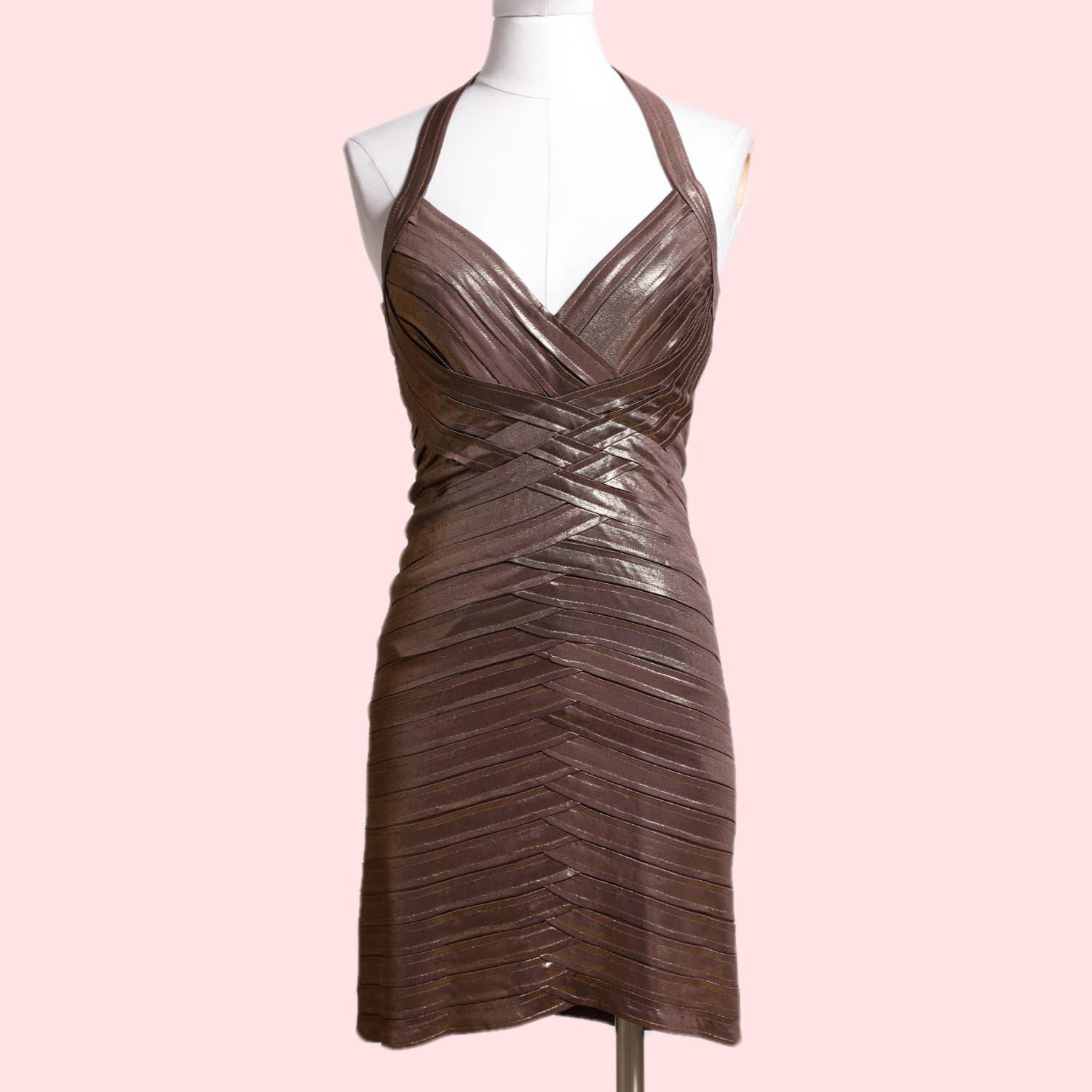 BCBGMAXAZRIA Brown Shimmery Halter Dress