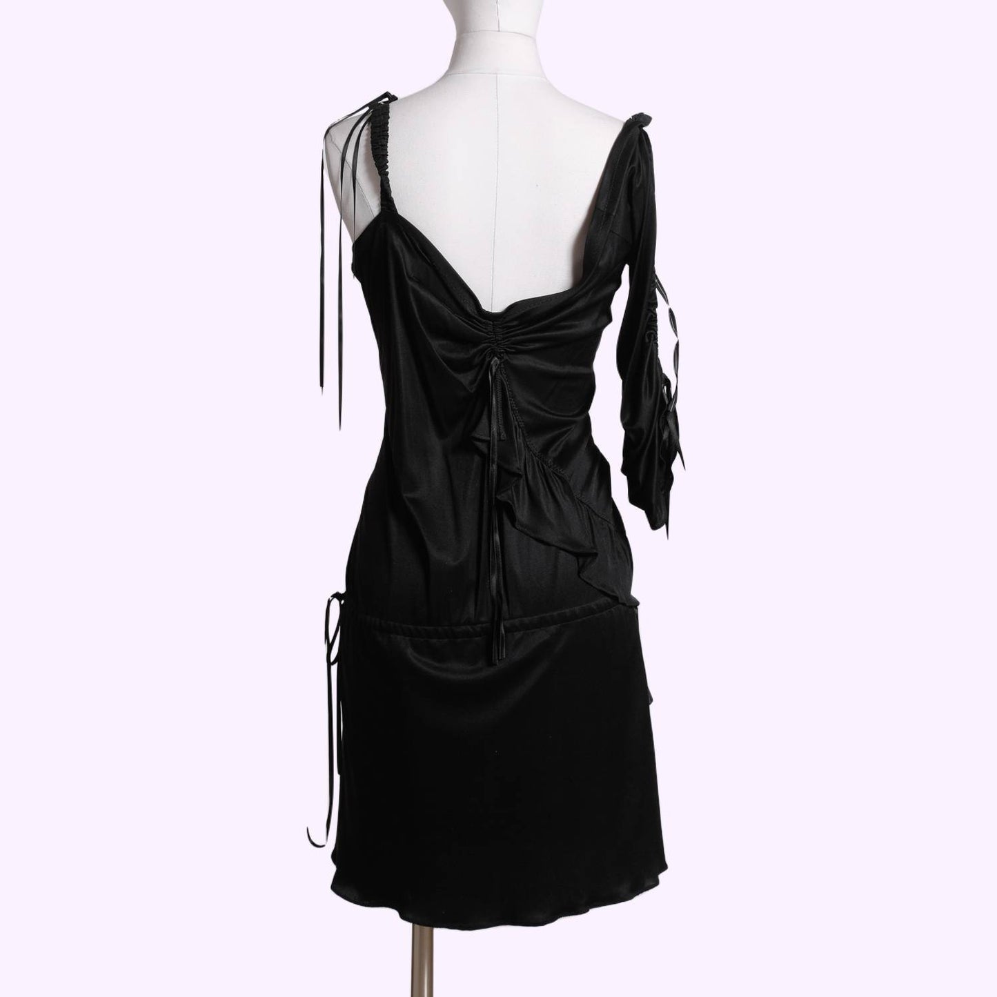 KAREN MILLEN Black One Shoulder Draped Silky Dress With Ribbons