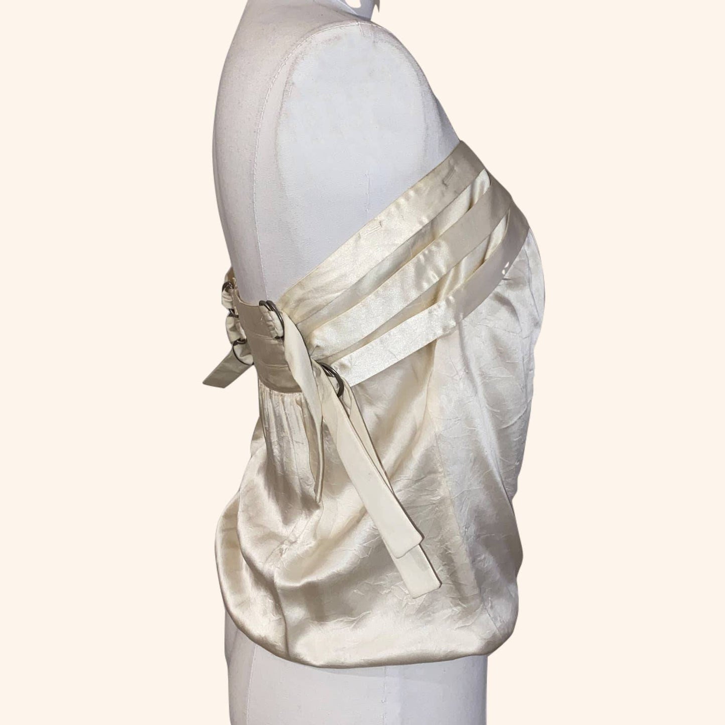KAREN MILLEN White Satin Strapless Top with Silver Buckles