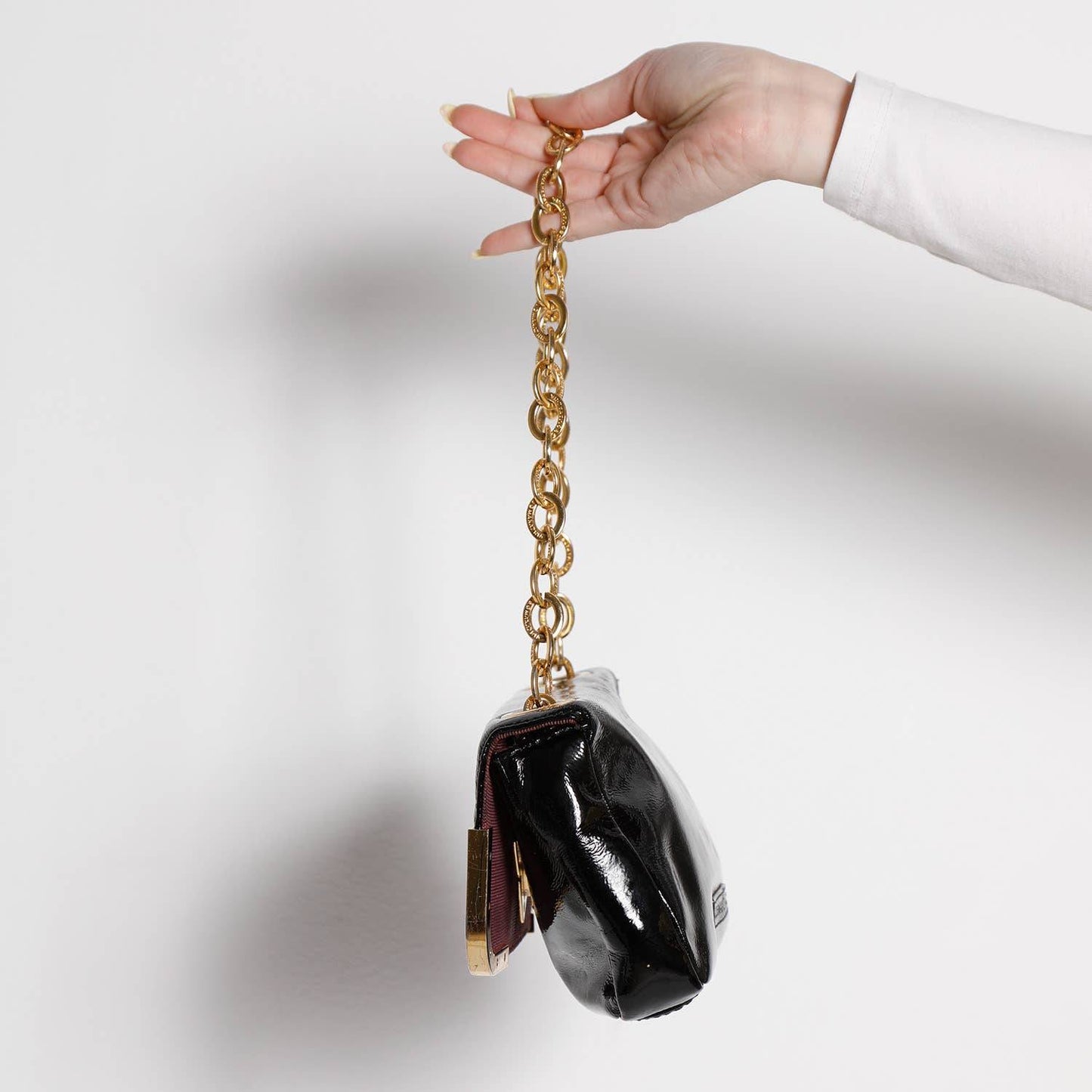 BCBGMAXAZRIA Black Patent Leather Hand Bag with Gold Chain