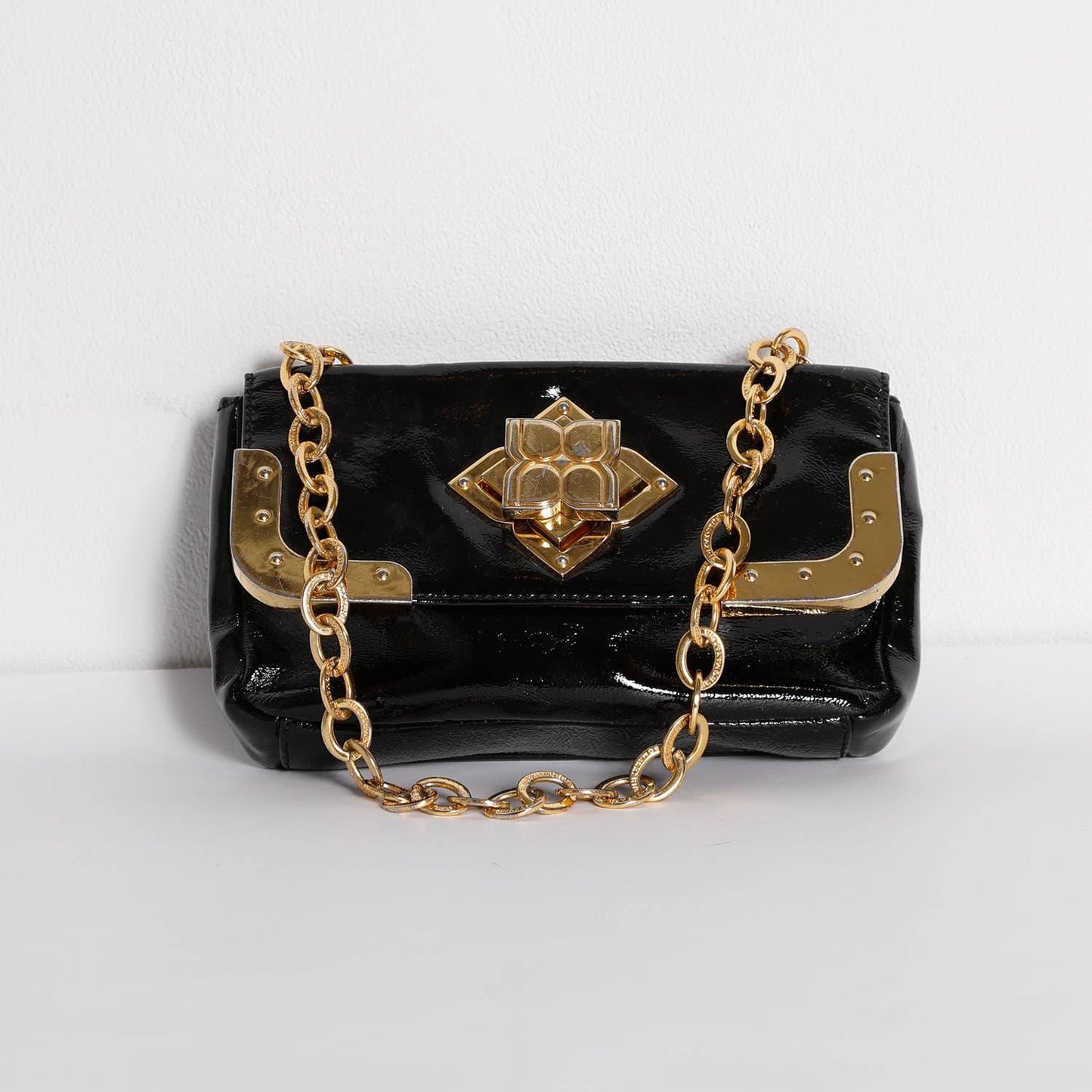 BCBGMAXAZRIA Black Patent Leather Hand Bag with Gold Chain