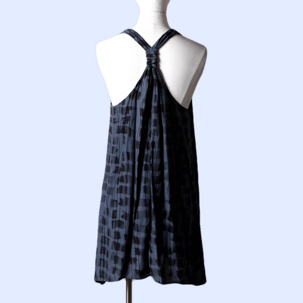 ALICE + OLIVIA Indigo and Black Printed Silk Sleeveless Tank Dress