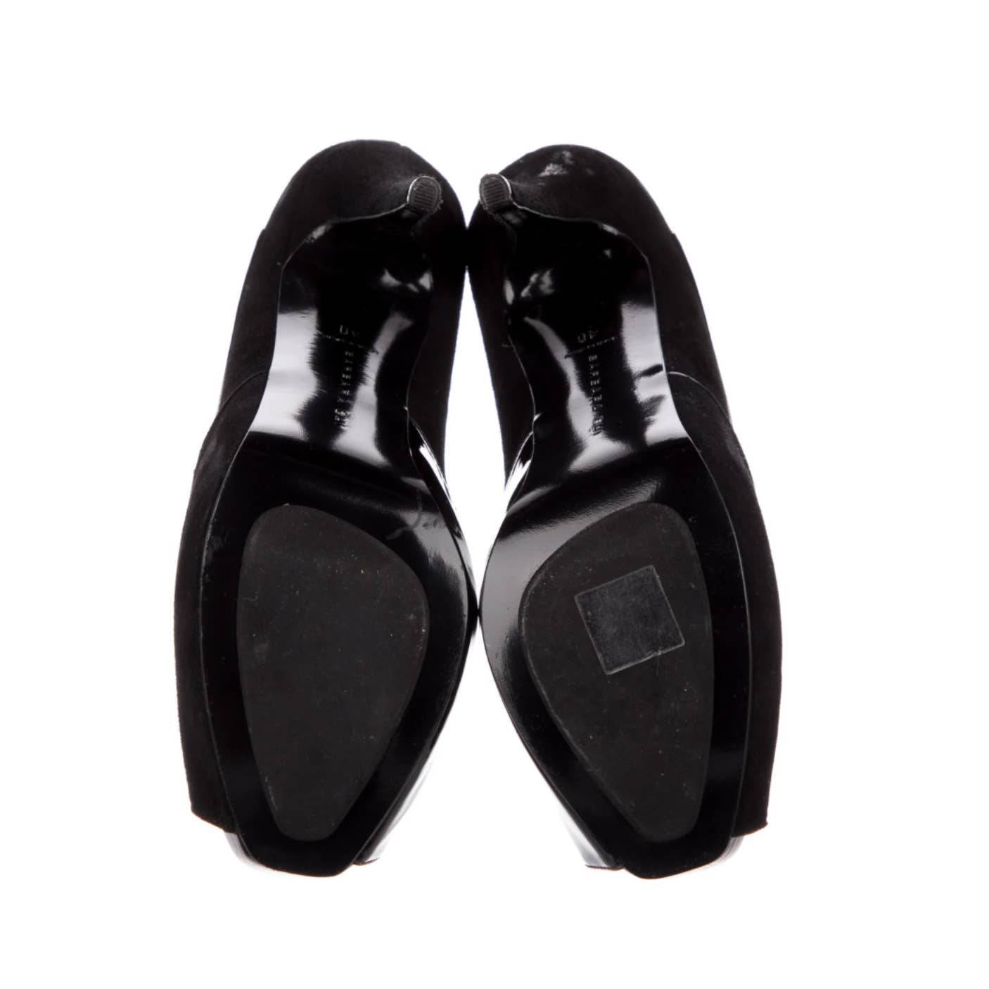 BARBARA BUI Black Patent Leather and Suede Open Toe Platform Pumps