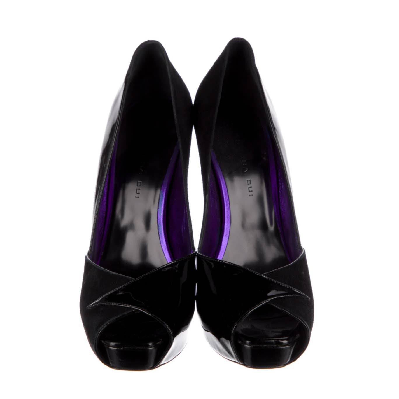 BARBARA BUI Black Patent Leather and Suede Open Toe Platform Pumps
