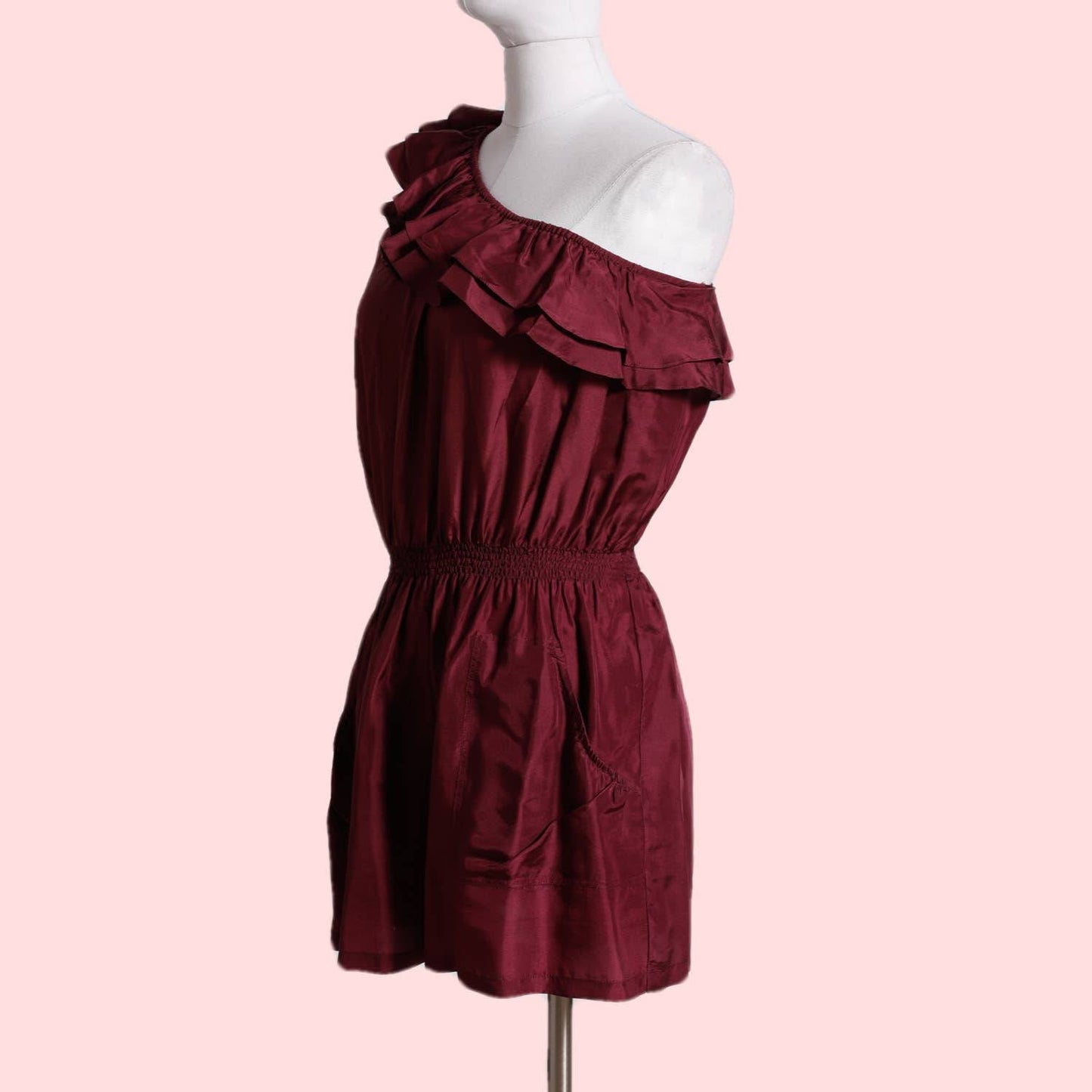 ALEX LANE Burgundy Ruffled Silk Romper