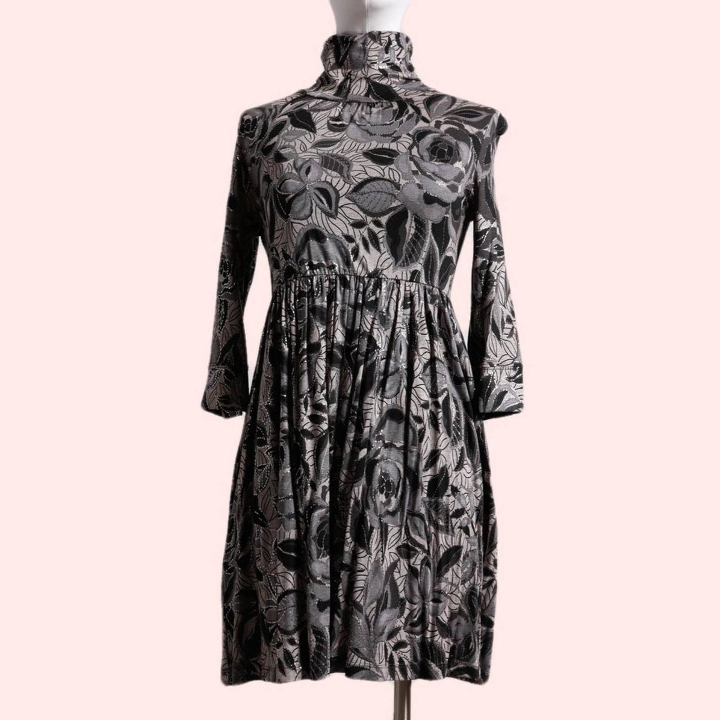 EVENING COLLECTION Black and Grey Metallic Turtleneck Dress