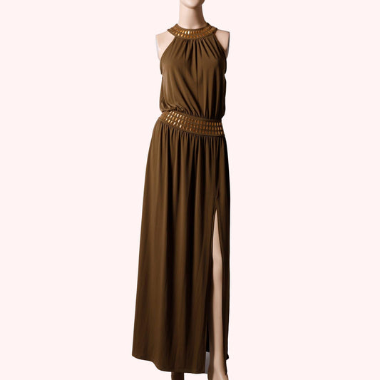 MICHAEL KORS Brown and Gold Halter Neck Embellished Maxi Dress