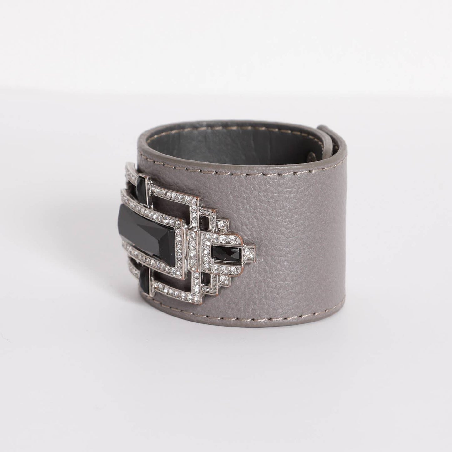 PLUMA ITALIA Gray Leather and Crystal and Stone Cuff Bracelet