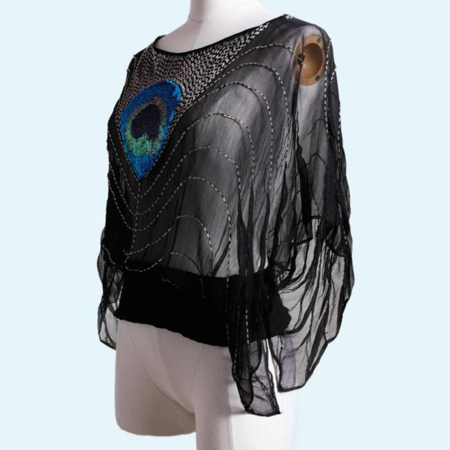 TOPSHOP Vintage Black with Peacock Sequins Short Sleeve Beaded Mesh Blouse