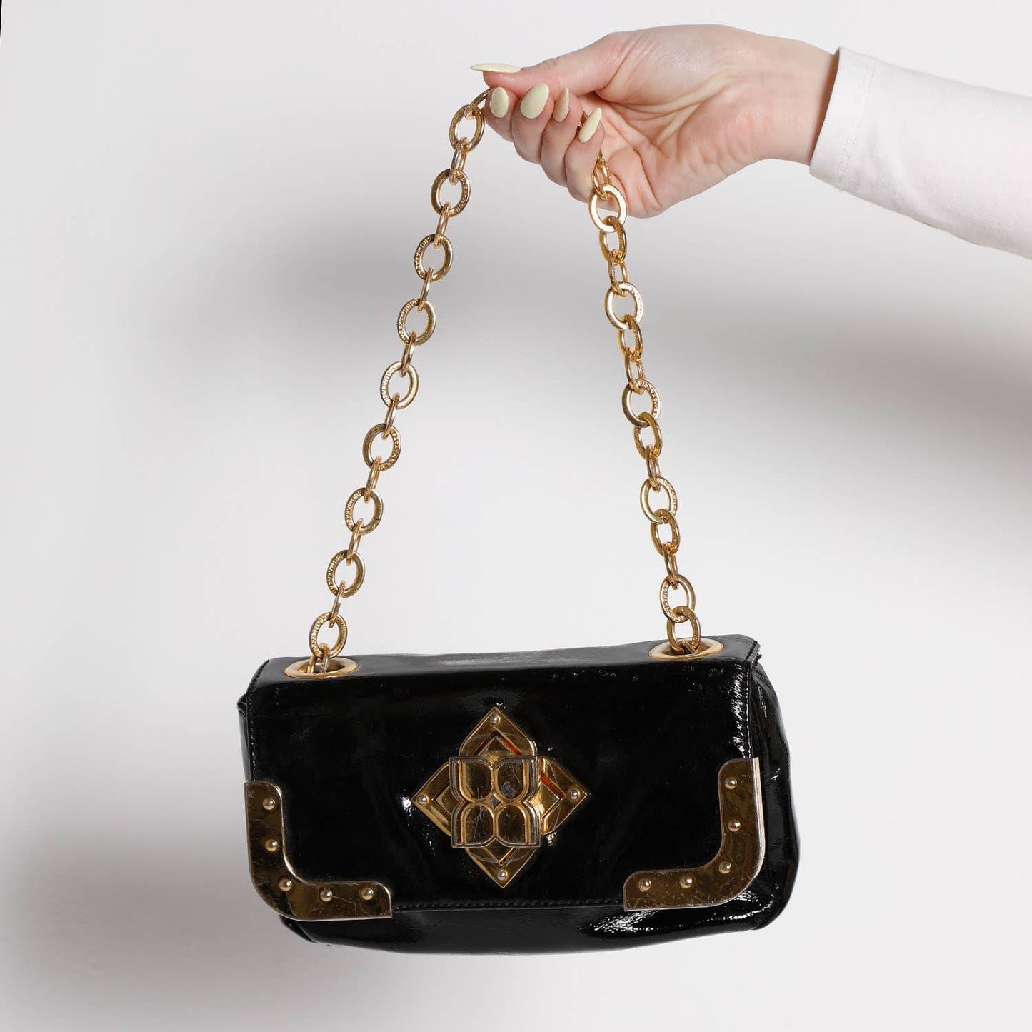 BCBGMAXAZRIA Black Patent Leather Hand Bag with Gold Chain