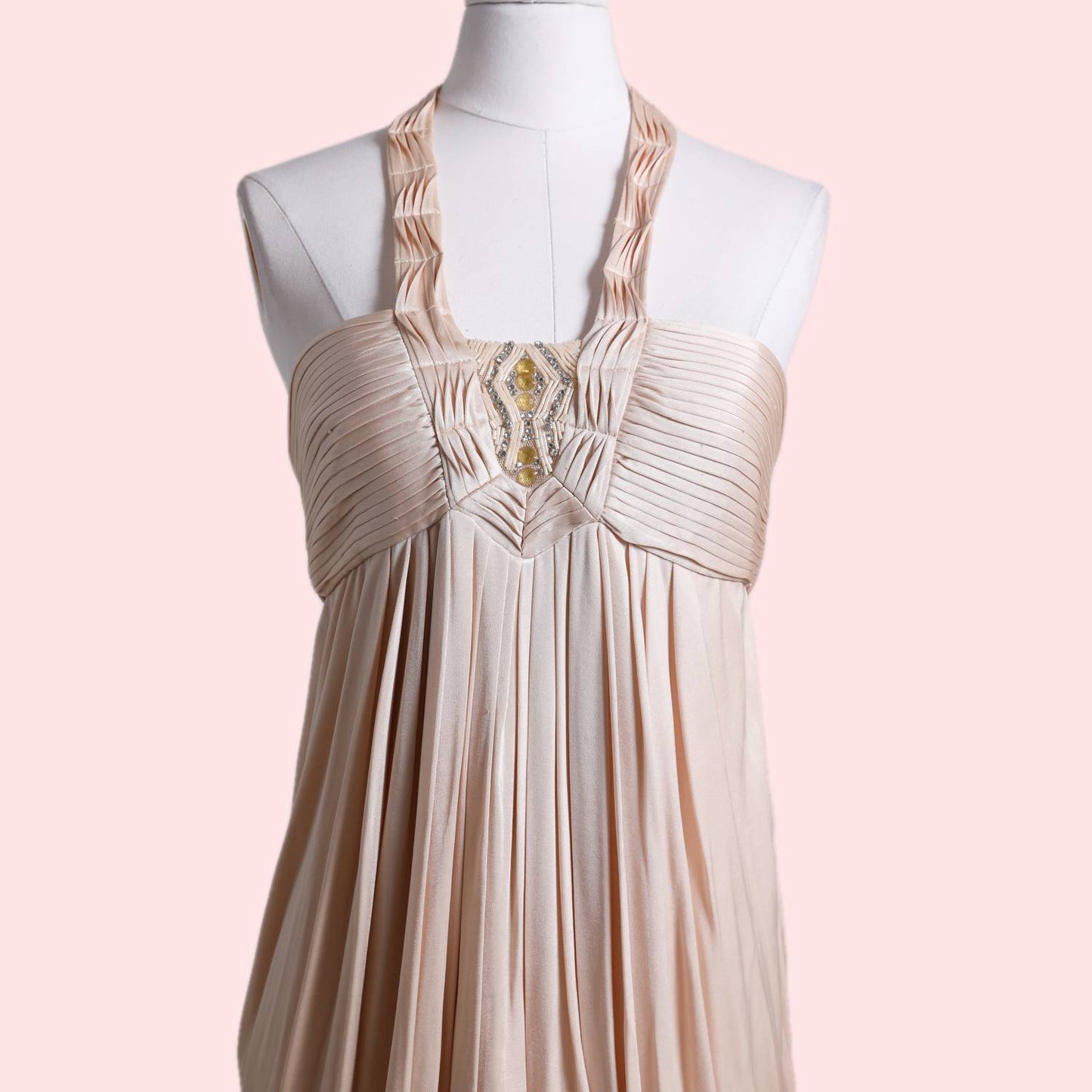 BCBGMAXAZRIA Pink Champagne with Multicolor Embellishments Halter Mini Dress