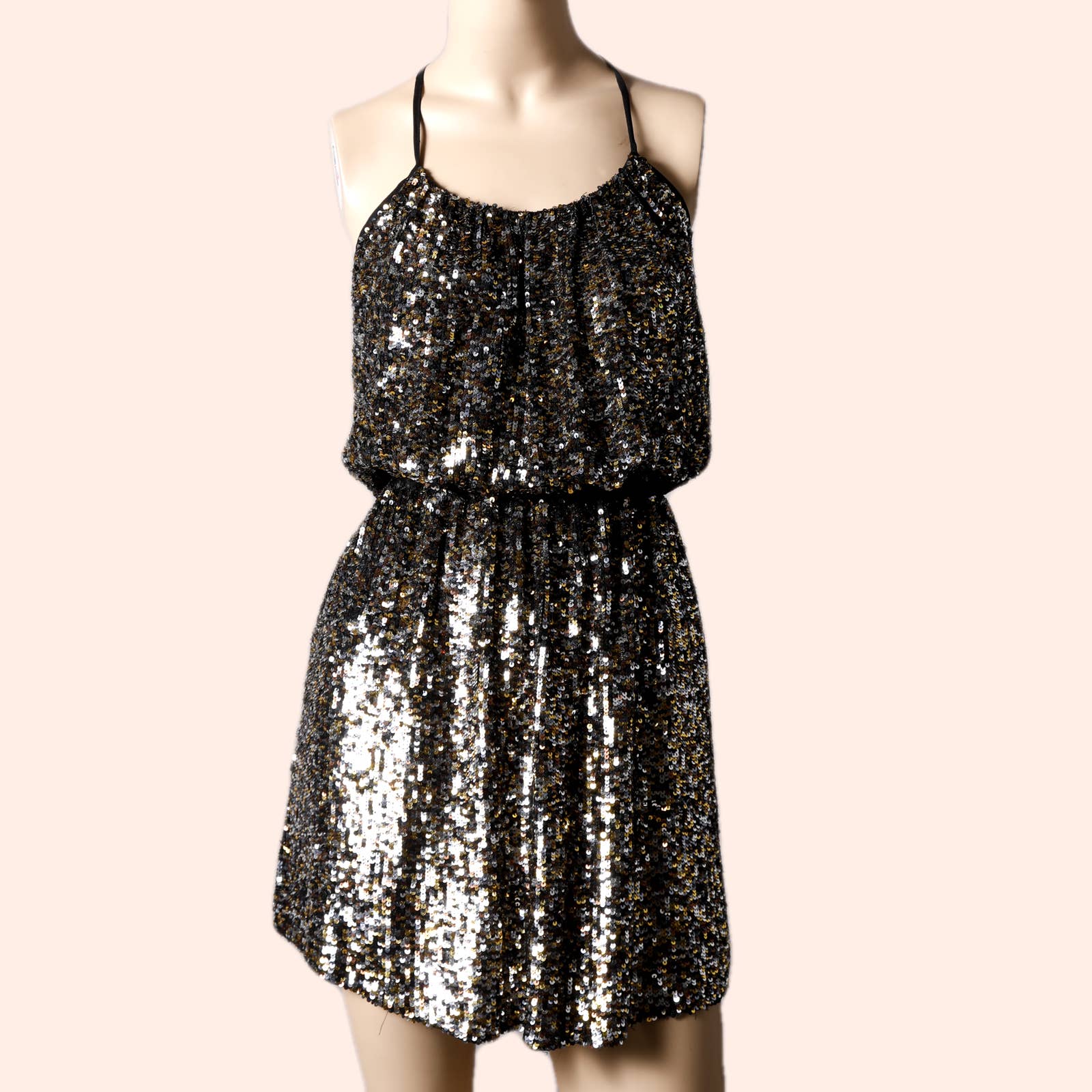 PARKER Gold and Silver Sequin with Black Accents Strapless Silk Mini Dress PARKER Gold and Silver Sequin with Black Accents Strapless Silk Mini Dress