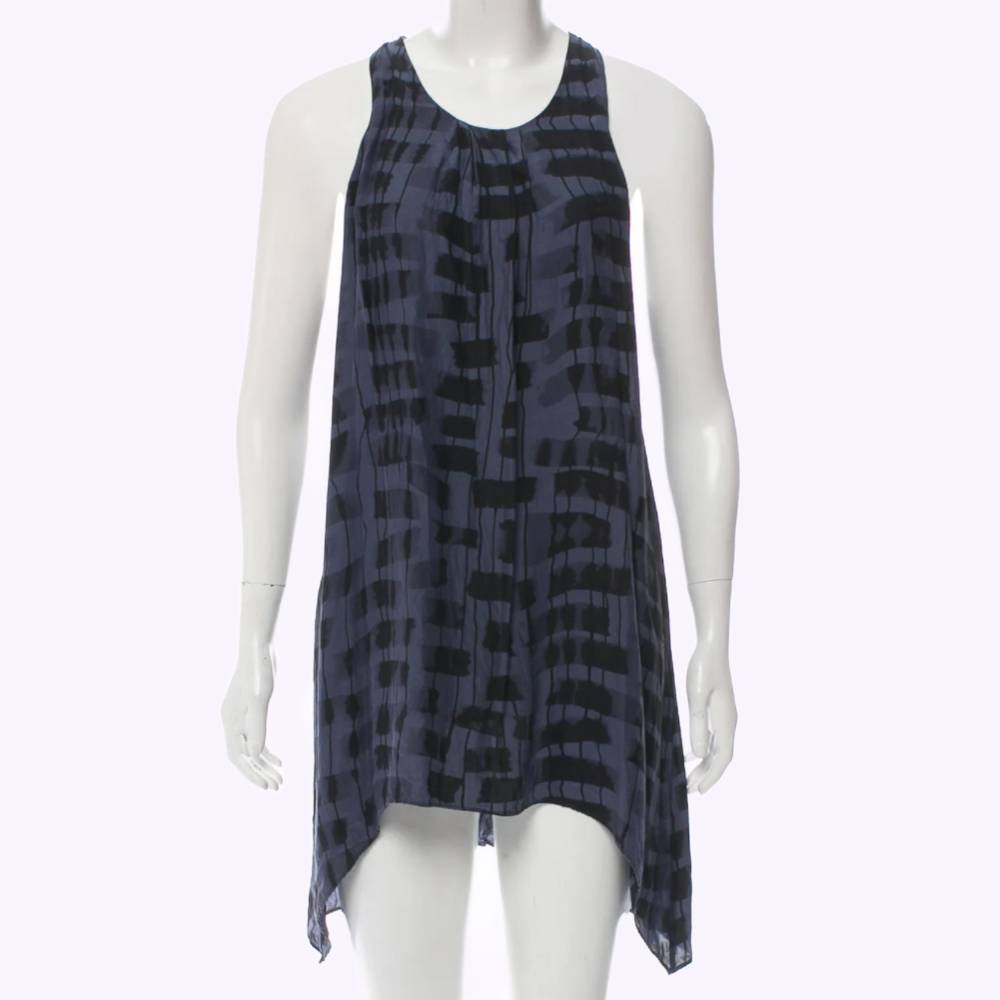 ALICE + OLIVIA Indigo and Black Printed Silk Sleeveless Tank Dress
