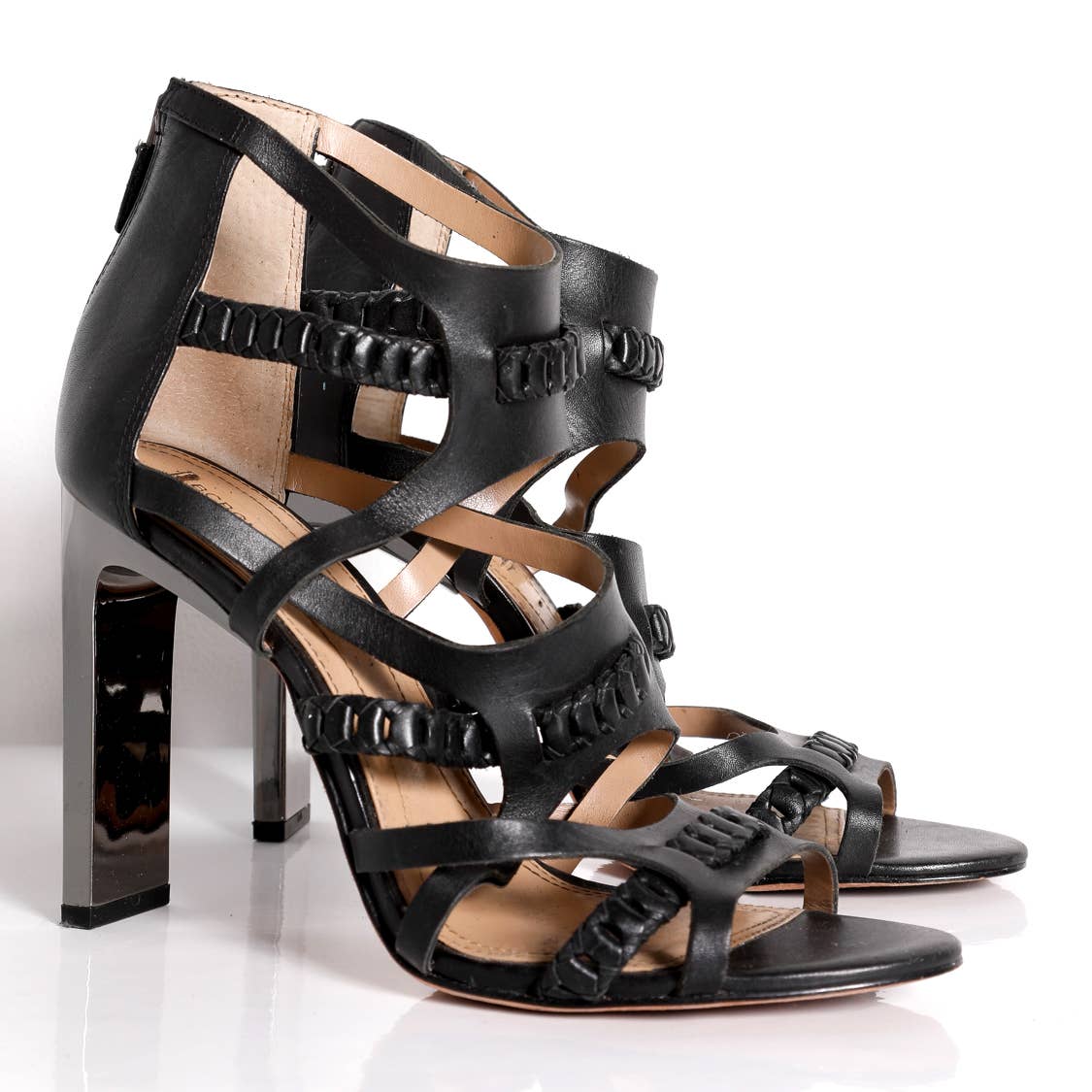 BCBGMAXAZRIA Black with Braided Details Leather Heeled Sandals