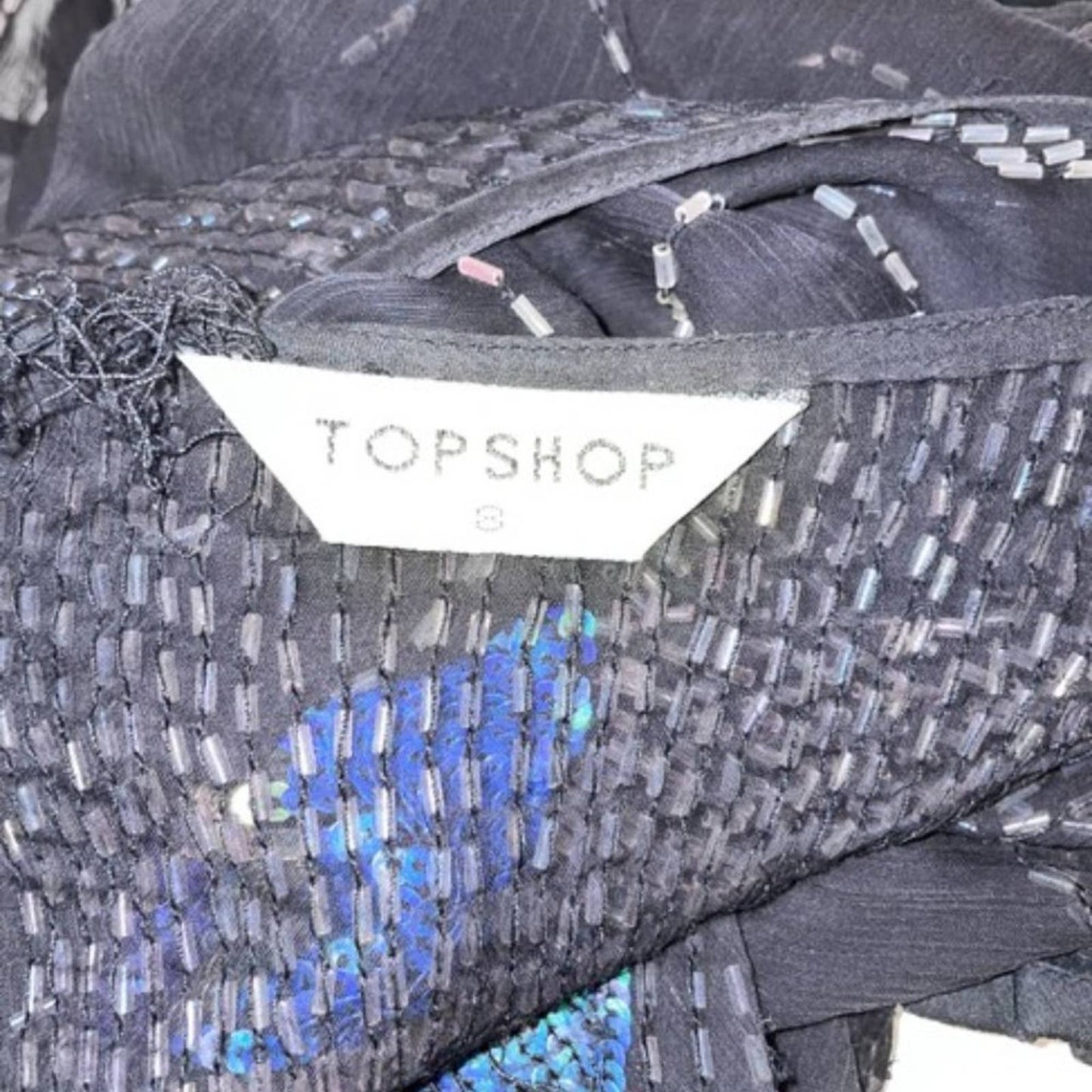 TOPSHOP Vintage Black with Peacock Sequins Short Sleeve Beaded Mesh Blouse