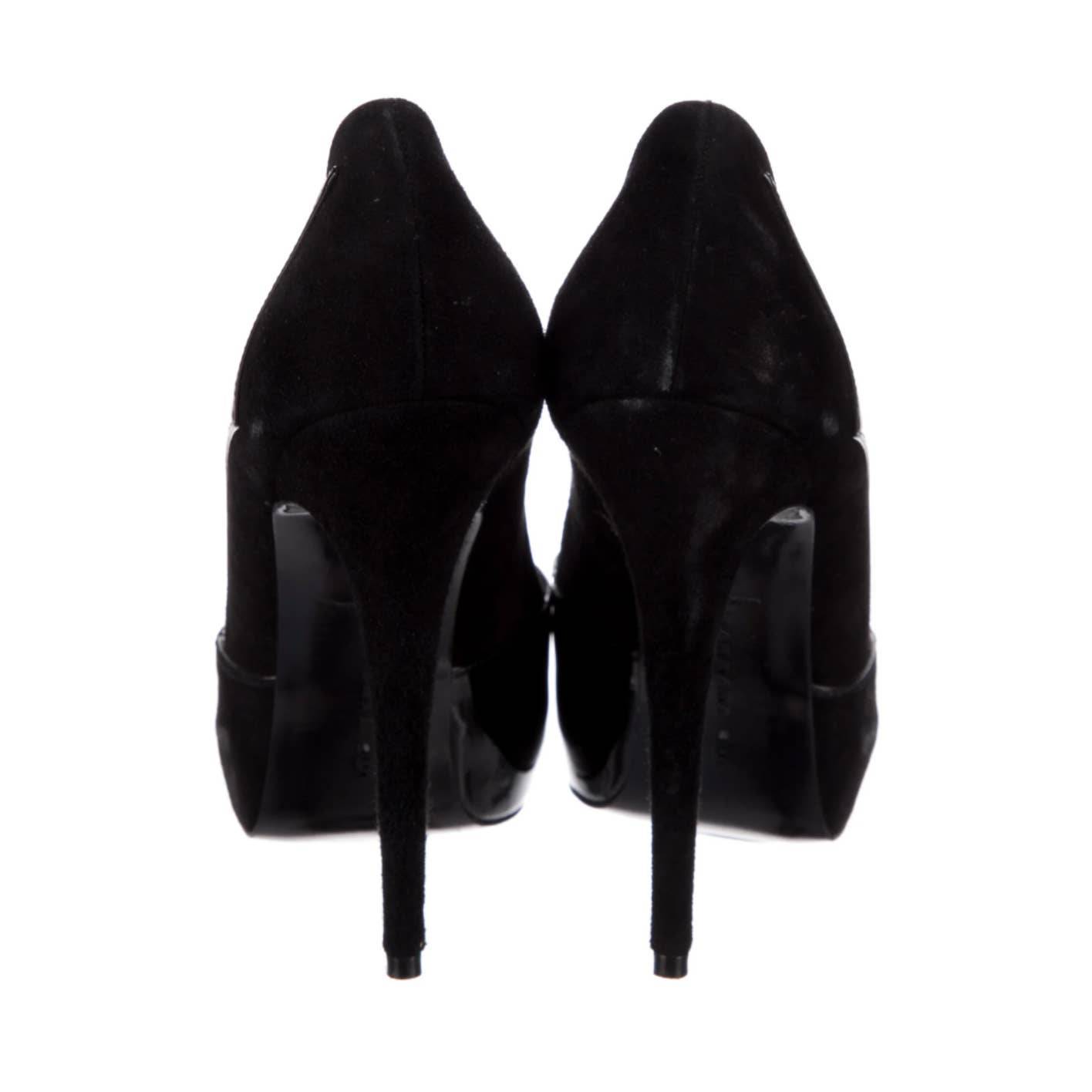 BARBARA BUI Black Patent Leather and Suede Open Toe Platform Pumps
