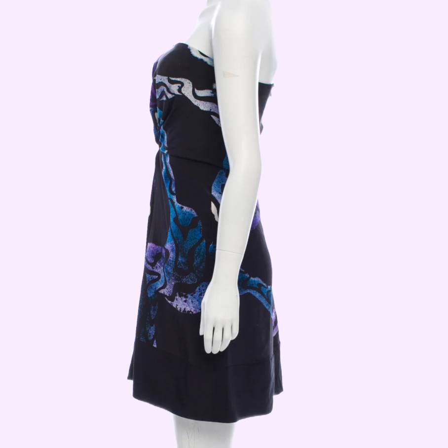 PROENZA SCHOULER Black and Violet Patterned Strapless Silk Dress