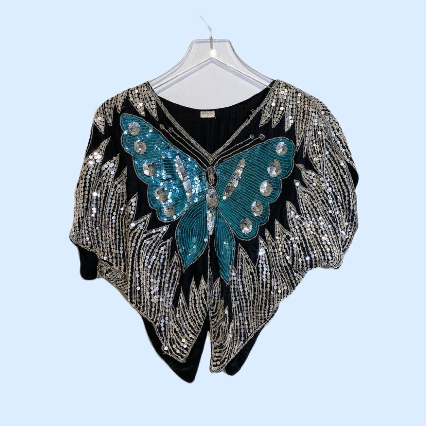 VINTAGE 1970s Silver and Blue Butterfly Sequin 1970s Short Sleeve Top