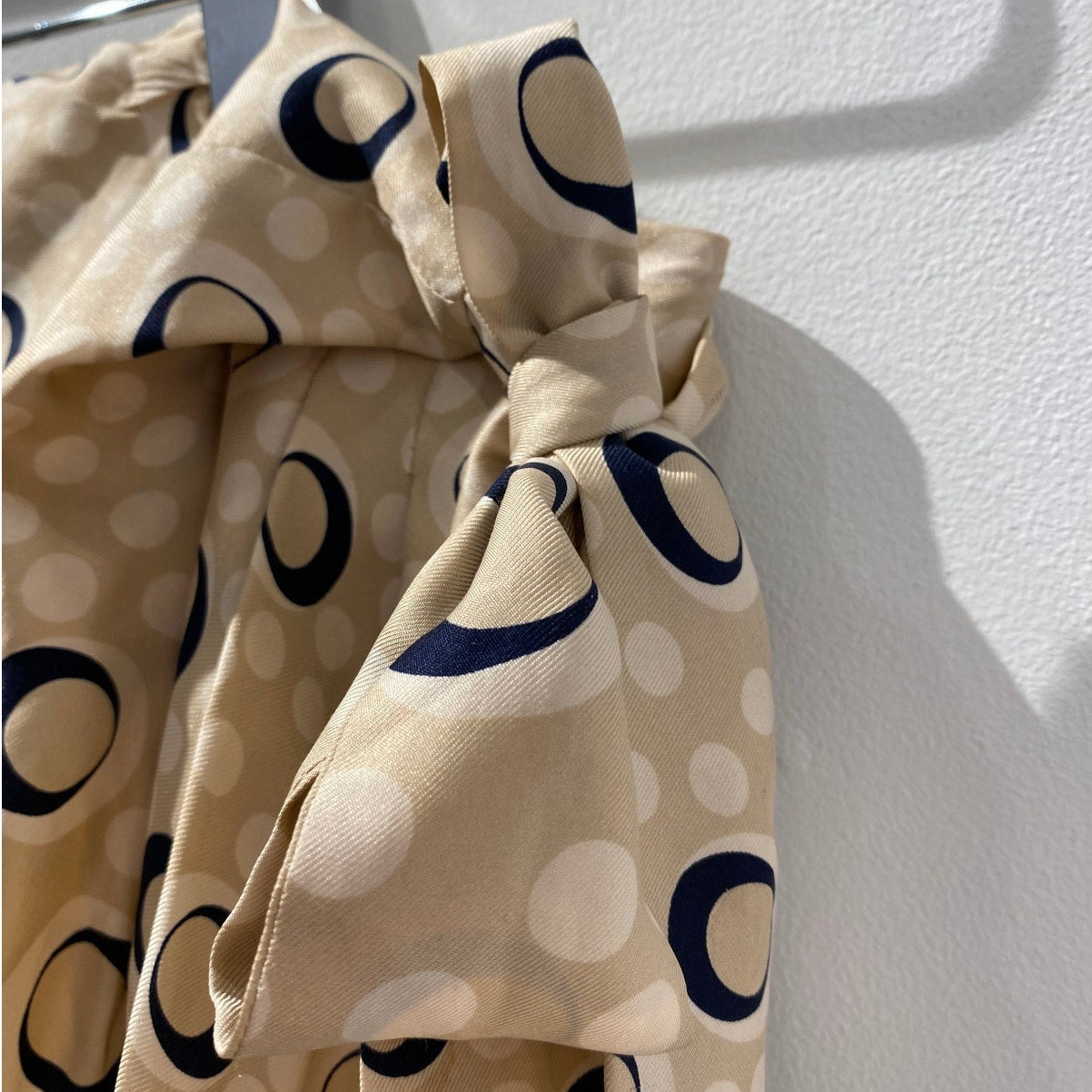 DIANE VON FURSTENBERG Vintage Beige + Navy Polka Dot Strapless Wrap Top