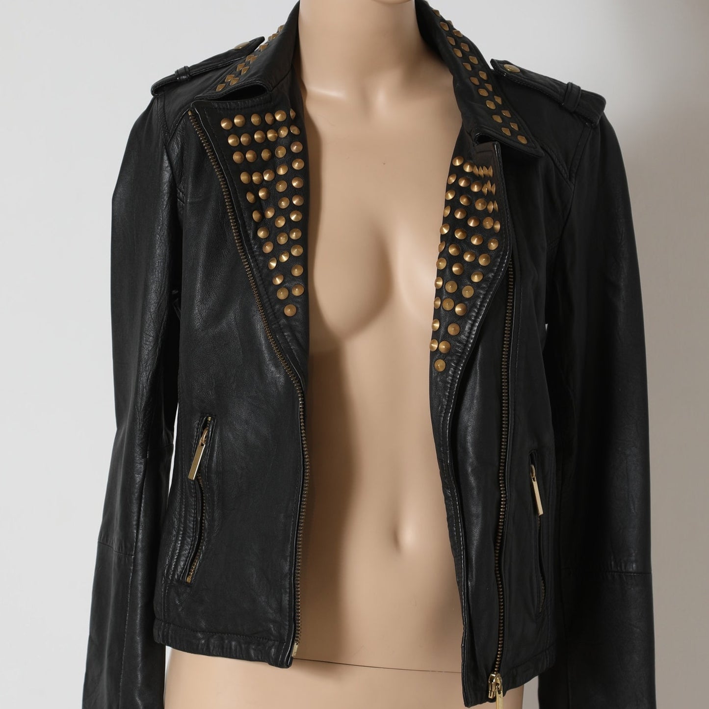 AQUA Leather Moto Jacket with Gold Studs