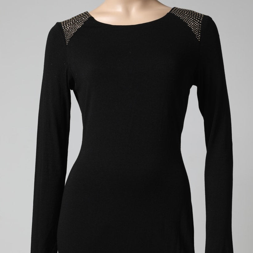 VINCE CAMUTO Black Jersey Gold Studded Shoulder Sheath Dress