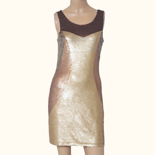 SB BY SHERRI BODELL Gold Brown Sequin Colorblock Sleeveless Mini Dress