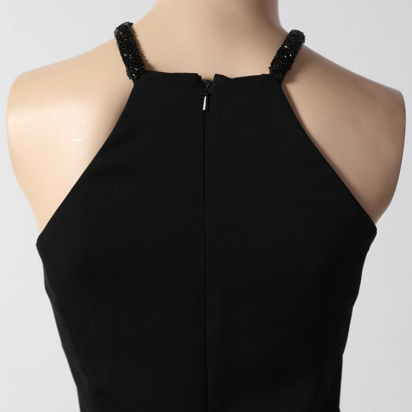 CARMEN MARC VALVO Black Beaded Crossover Halter Sheath Dress