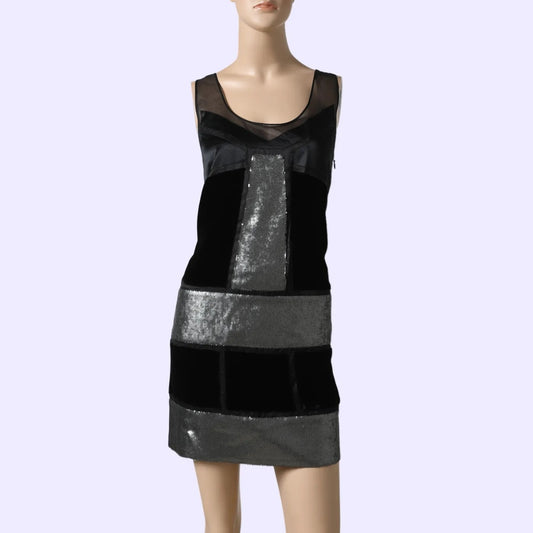 DIANE VON FURSTENBERG Black Velvet Silver Sequin Mini Dress