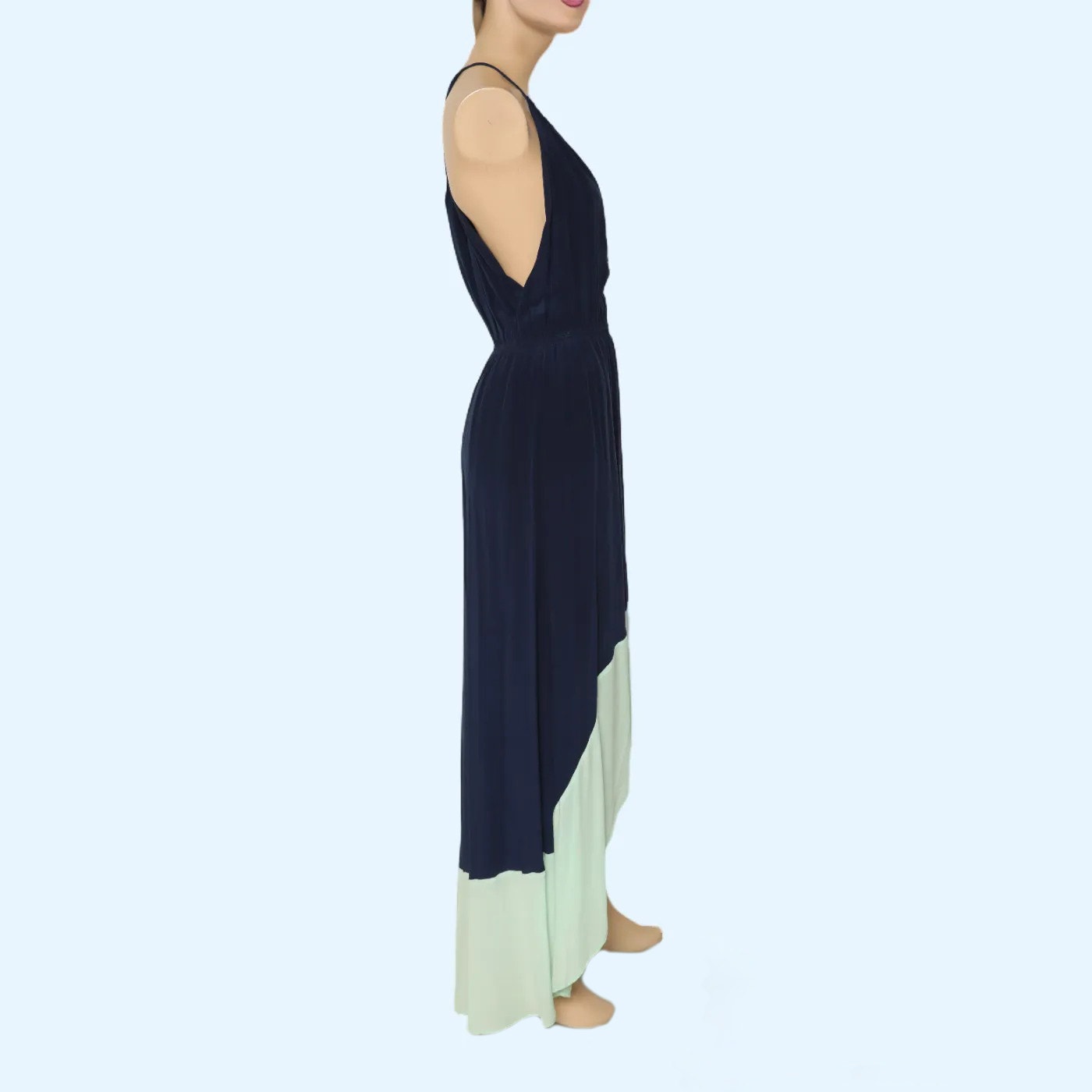 CHELSEA FLOWER Navy Blue and Mint Colorblock Beaded Silk High Low Maxi Dress