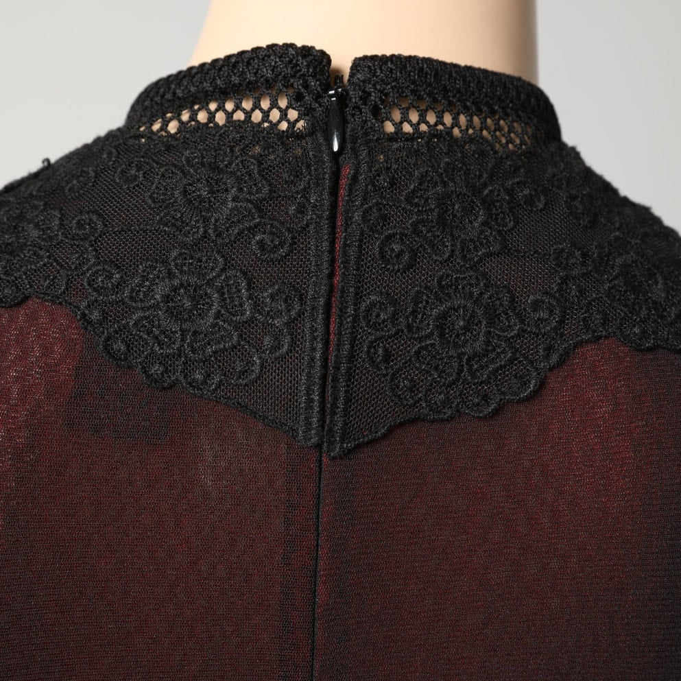VIVIENNE TAM Black and Red Mesh and Lace Embroidered Long Sleeve Dress