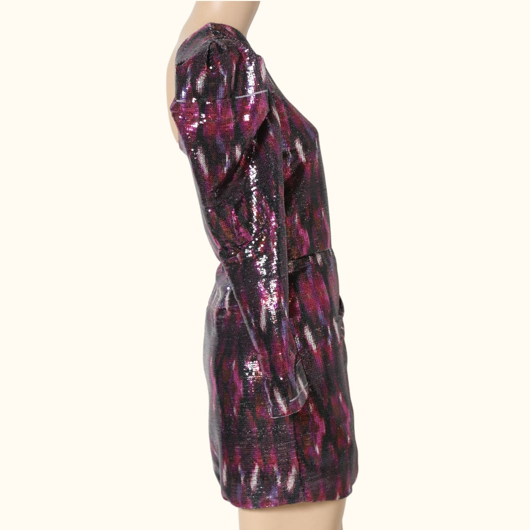 MISA Los Angeles Pink Purple Metallic One Shoulder Ruched Mini Dress